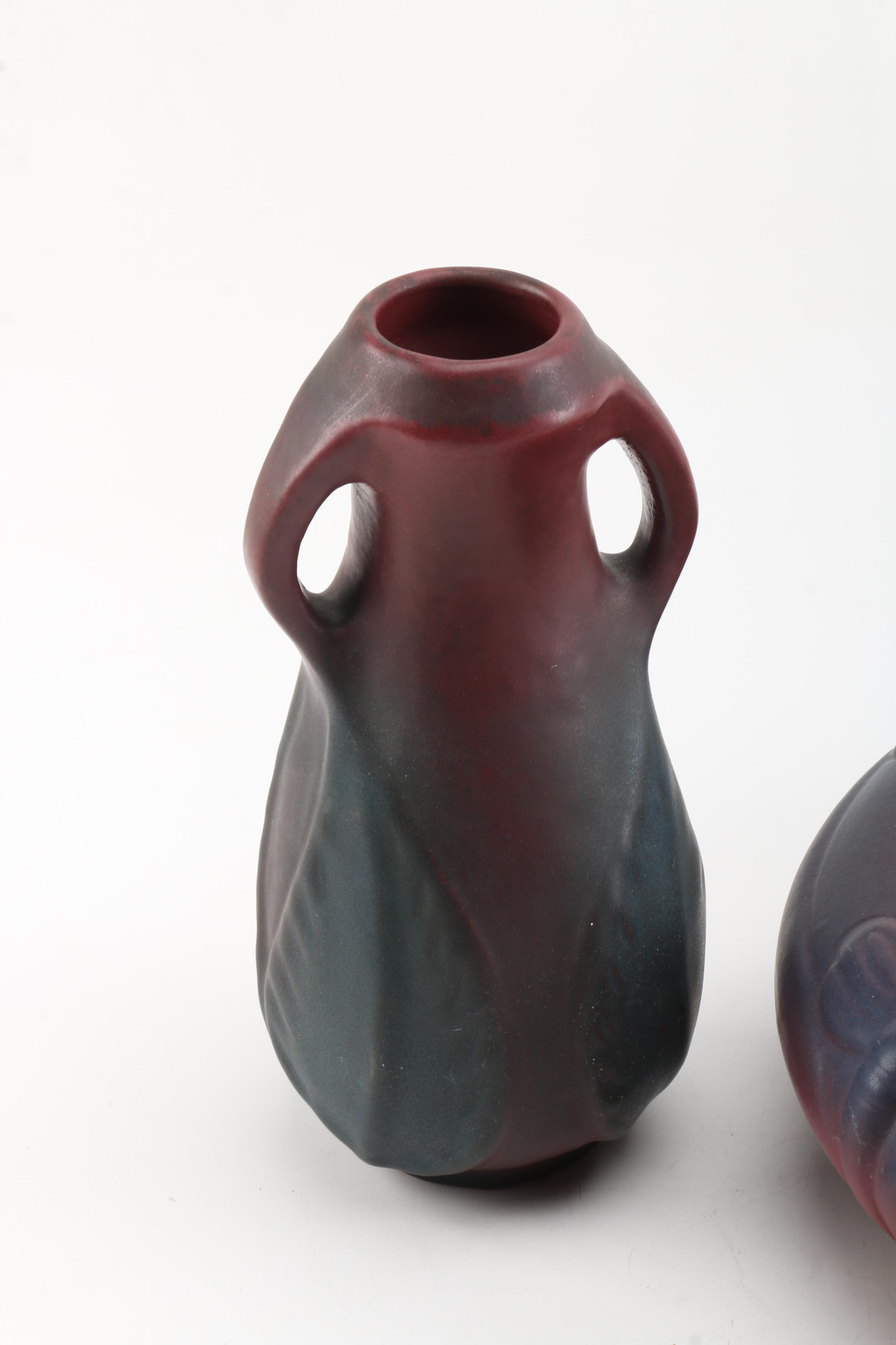 Van Briggle Art Pottery "Dragonfly" Bowl and "Blue Leaf" Vase in Mulberry