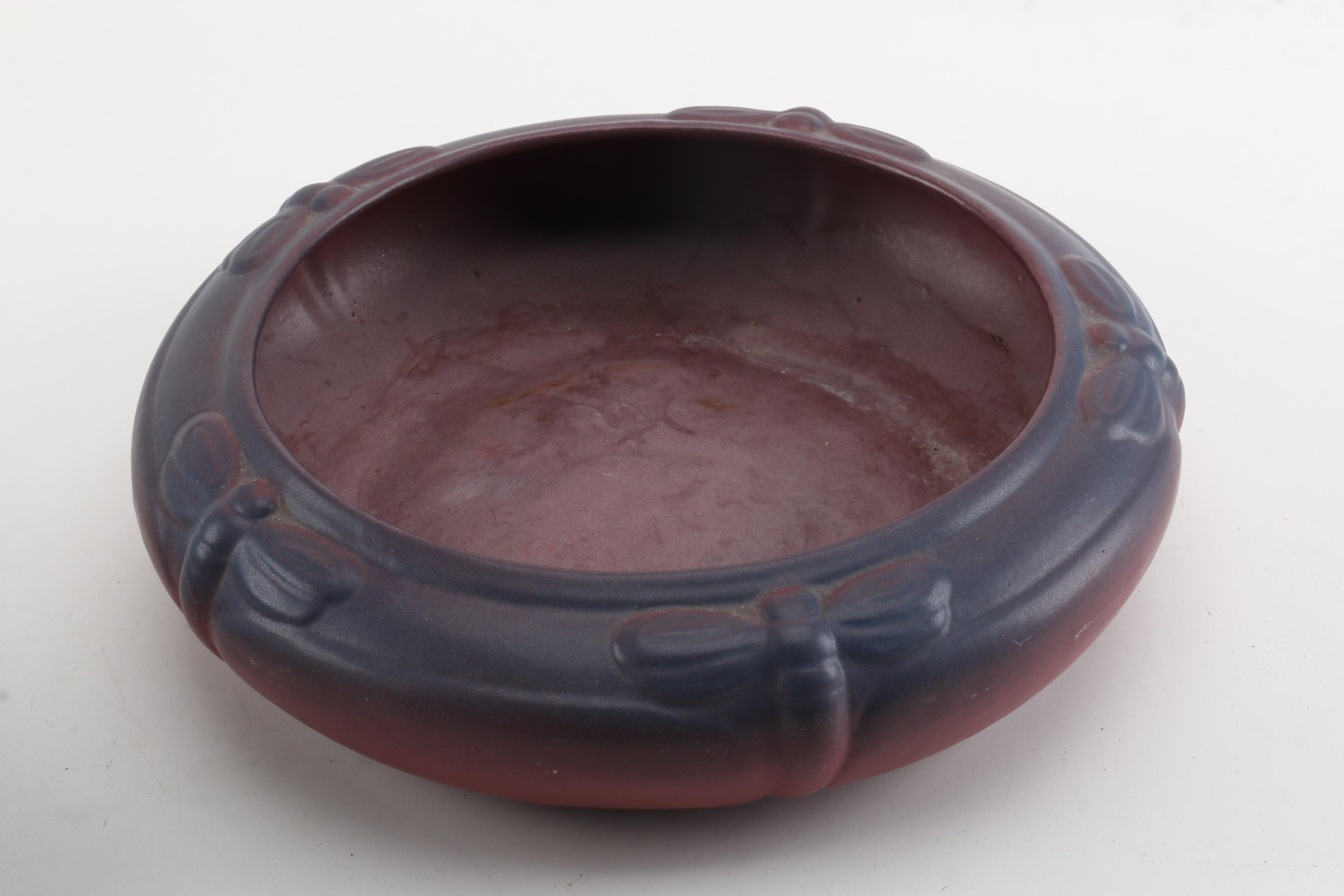 Van Briggle Art Pottery "Dragonfly" Bowl and "Blue Leaf" Vase in Mulberry