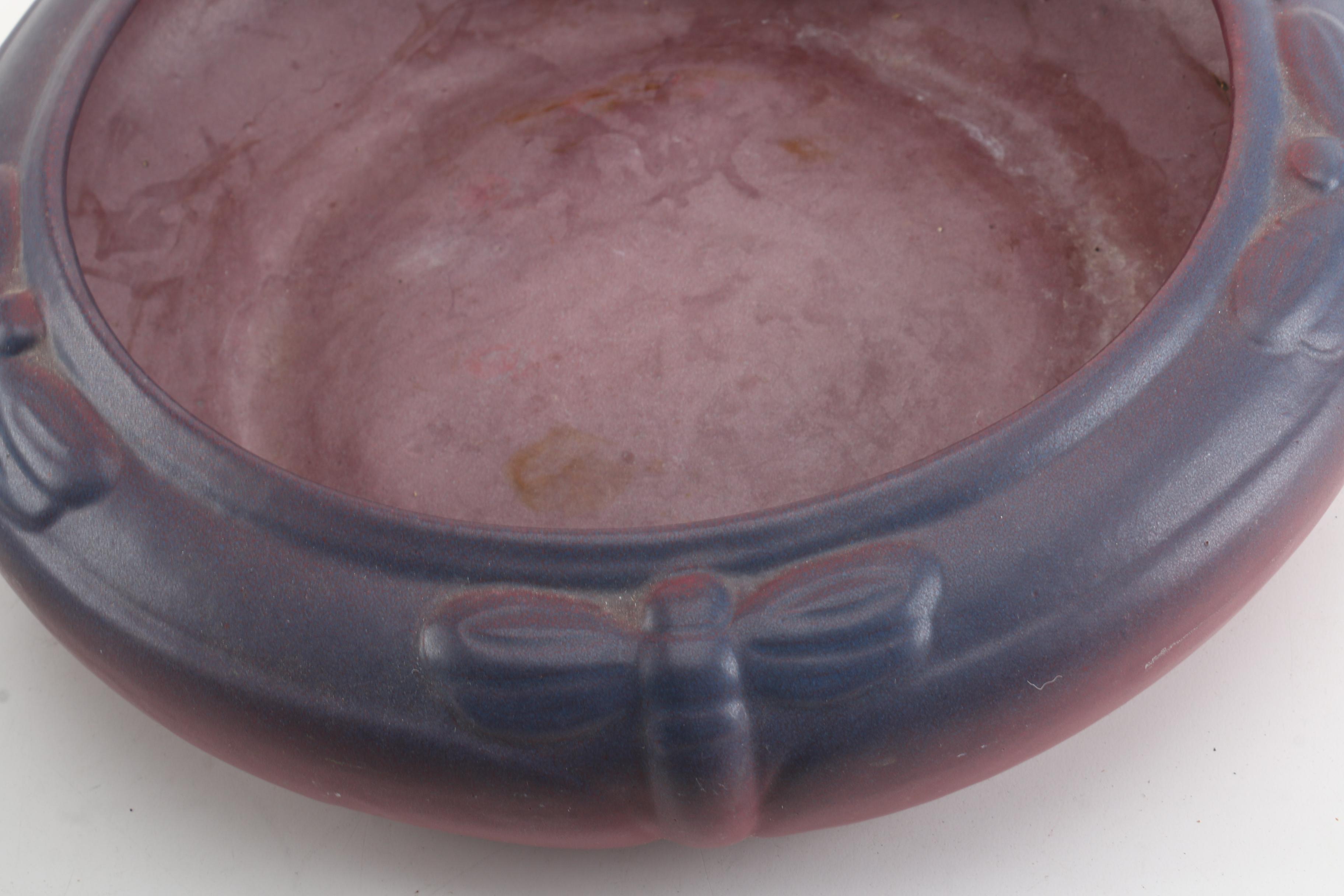 Van Briggle Art Pottery "Dragonfly" Bowl and "Blue Leaf" Vase in Mulberry