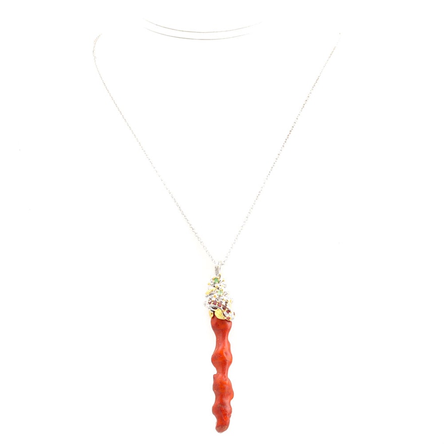 Sterling Necklace with Coral, Garnets, Emeralds, Rubies with Gold Wash Accents