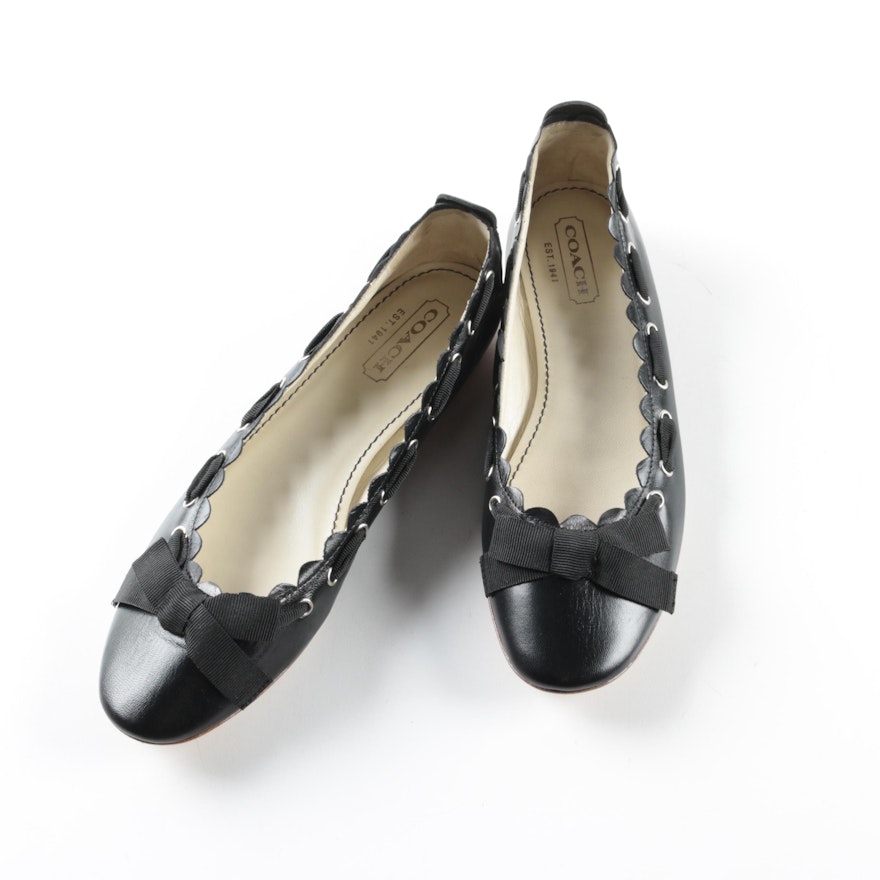 Coach Tilly Scalloped Black Leather Ballet Style Flats