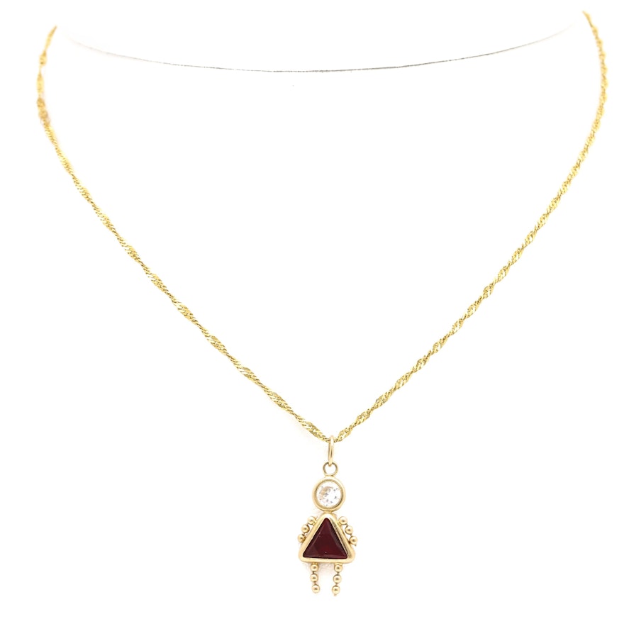 14K Yellow Gold Glass and Cubic Zirconia Pendant Necklace