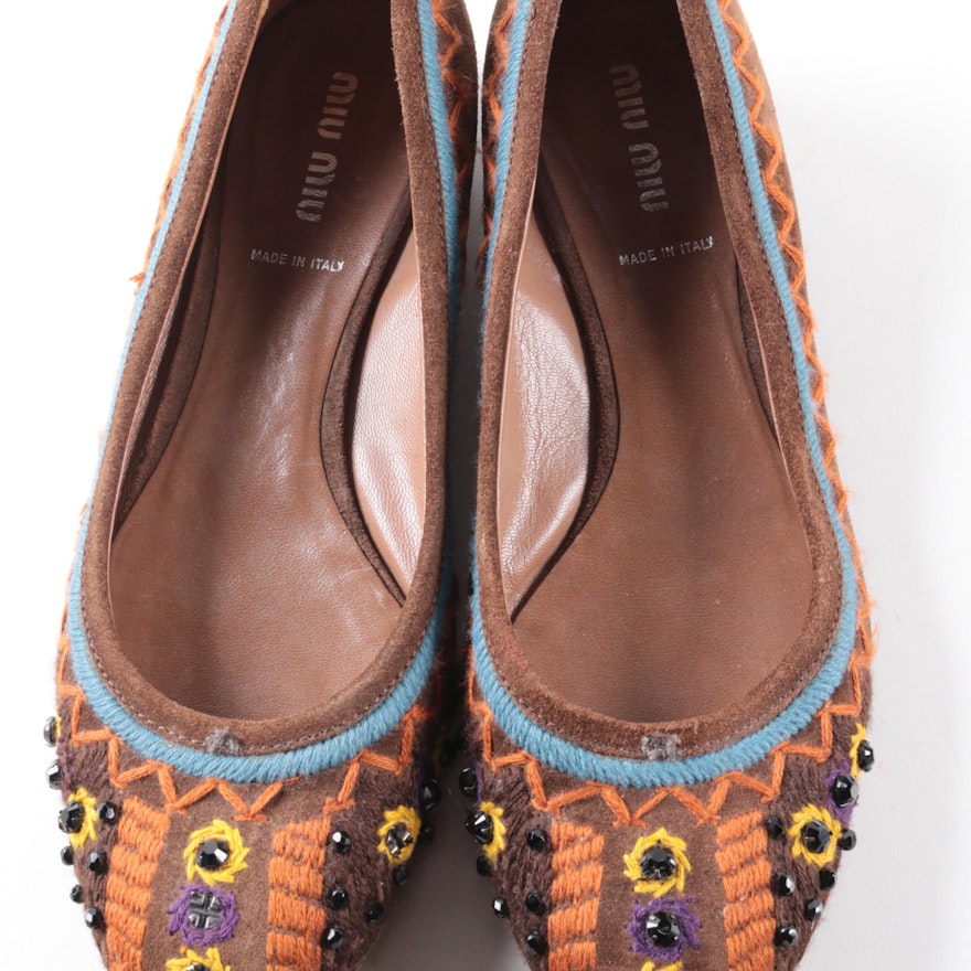 Miu Miu Embroidered and Beaded Brown Suede Flats