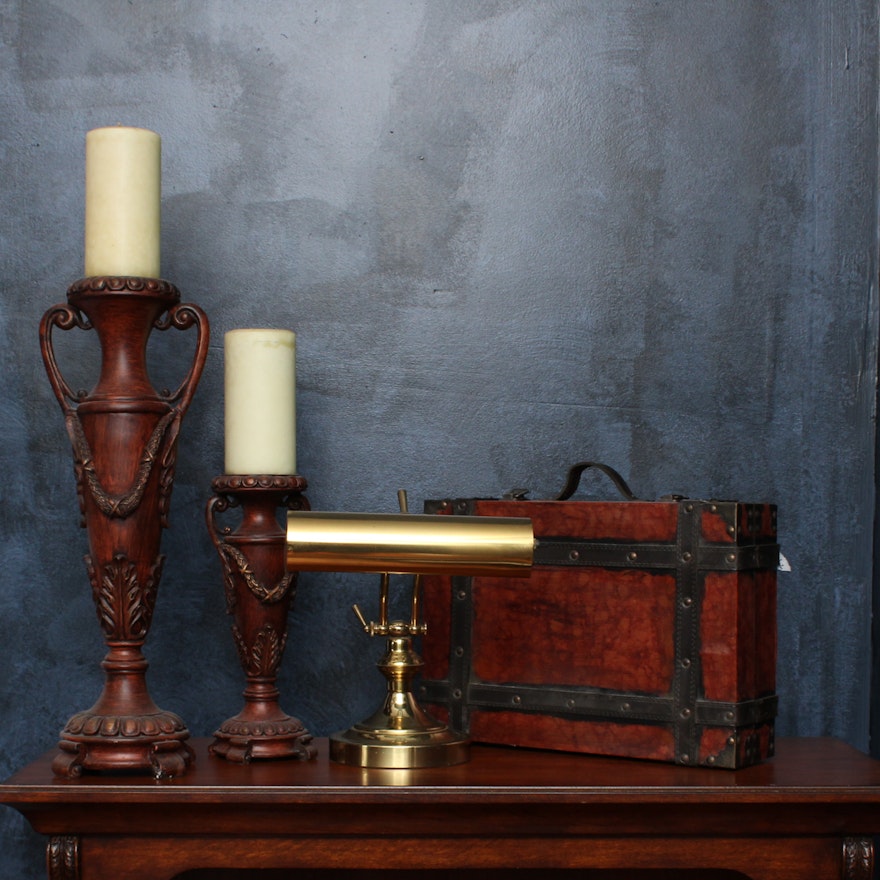 Brass Banker's Lamp, Urn Candlestick Holders, and Leather Case