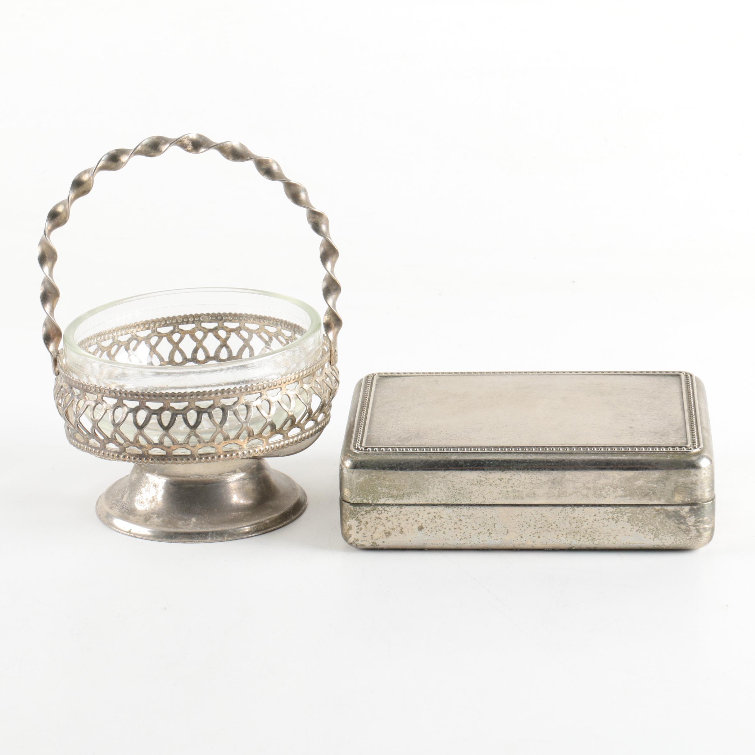 Silver Plate Sugar Basket with Glass Insert and Silver Plate Trinket Box