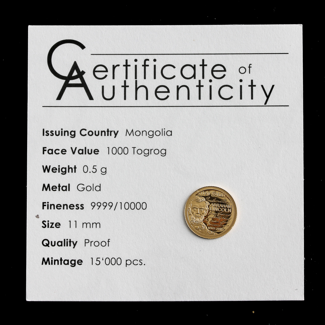 2015 Mongolia 1000 Togrog Abraham Lincoln Gold Coin