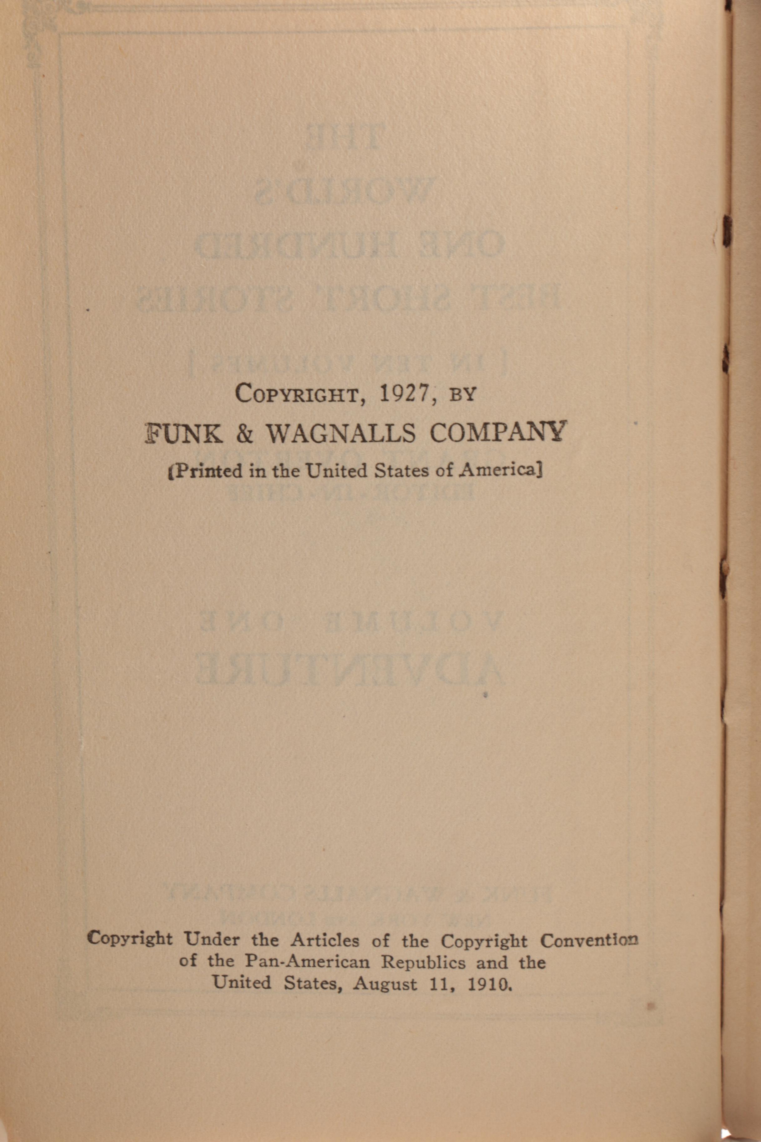 1927 "The World's One Hundred Best Short Stories" in Four Volumes