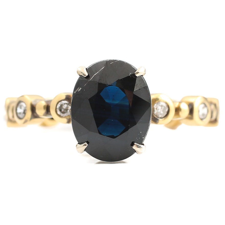 18K Yellow Gold 3.03 CT Sapphire and Diamond Ring with White Gold Prongs