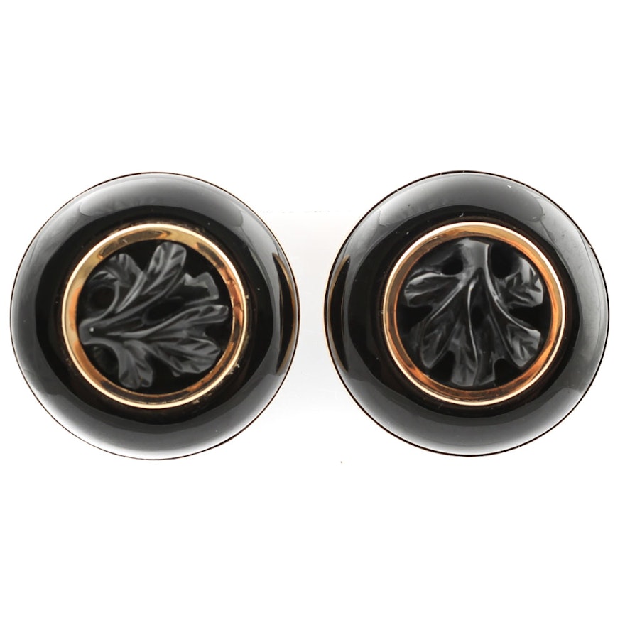 14K Yellow Gold Carved Black Onyx Clip-on Earrings