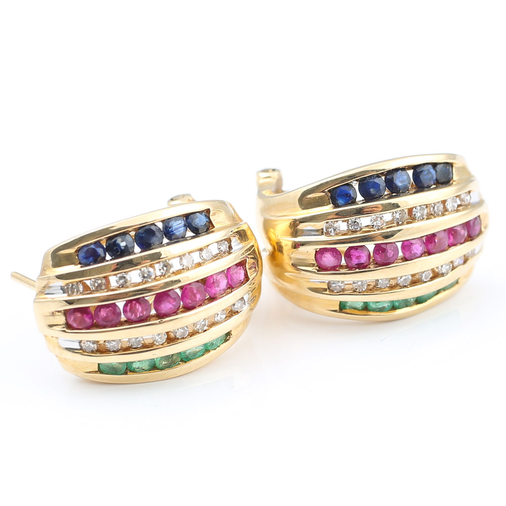 10K Yellow Gold Diamond, Ruby, Emerald, Sapphire Earrings