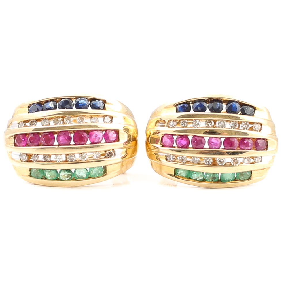 10K Yellow Gold Diamond, Ruby, Emerald, Sapphire Earrings