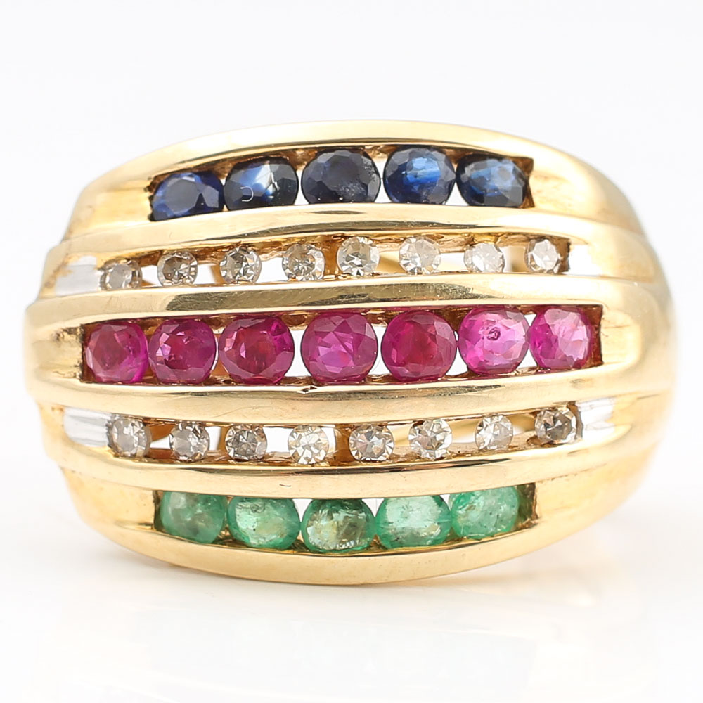 10K Yellow Gold Diamond, Ruby, Emerald, Sapphire Earrings