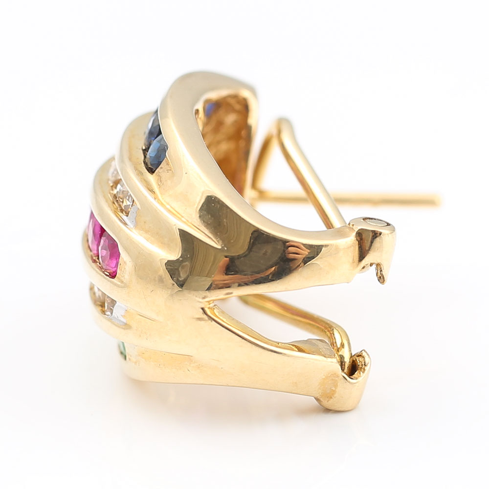 10K Yellow Gold Diamond, Ruby, Emerald, Sapphire Earrings