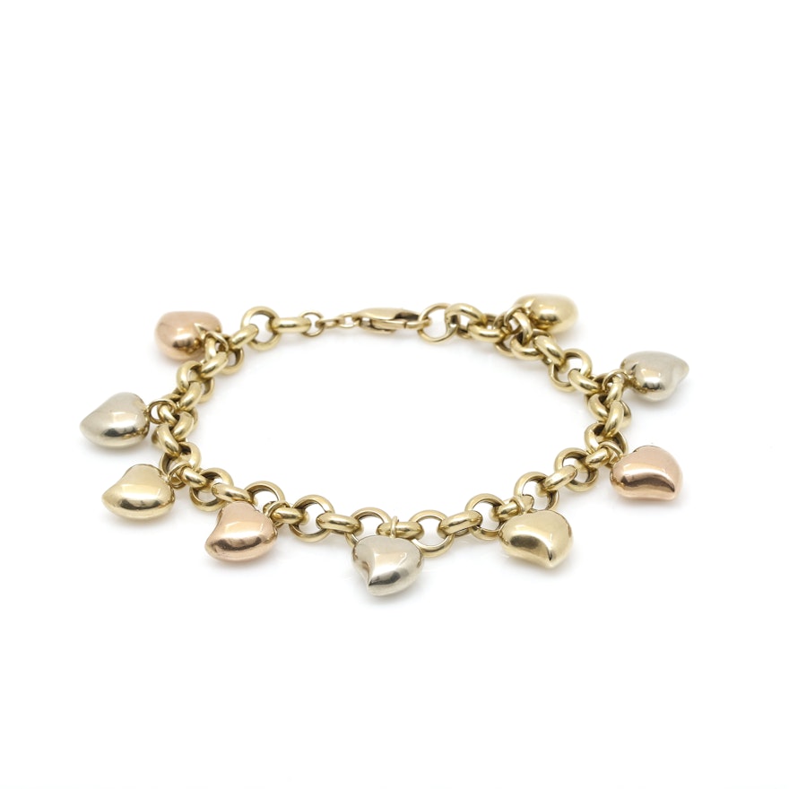 14K Tri Gold Heart Charm Bracelet