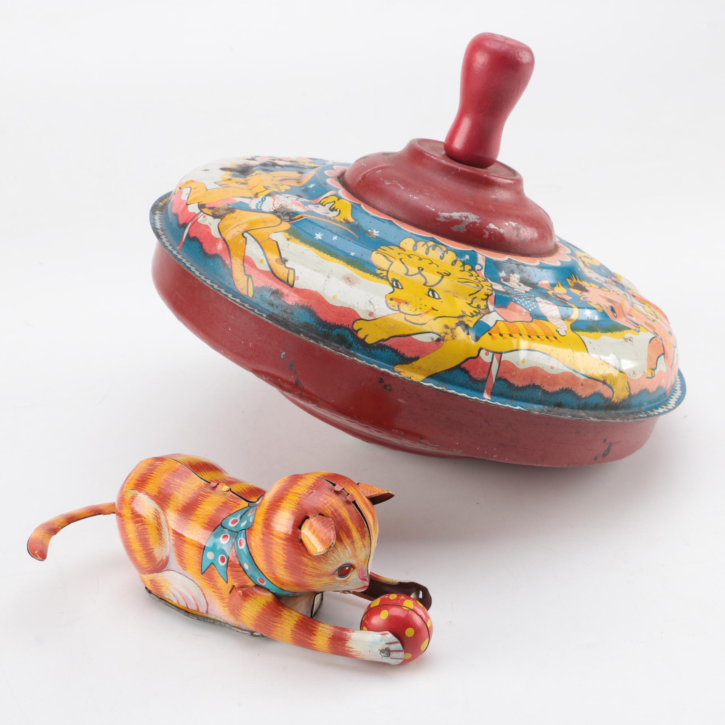 Vintage Colmor Spinning Top and Japanese Wind-Up "Turn Over Cat"