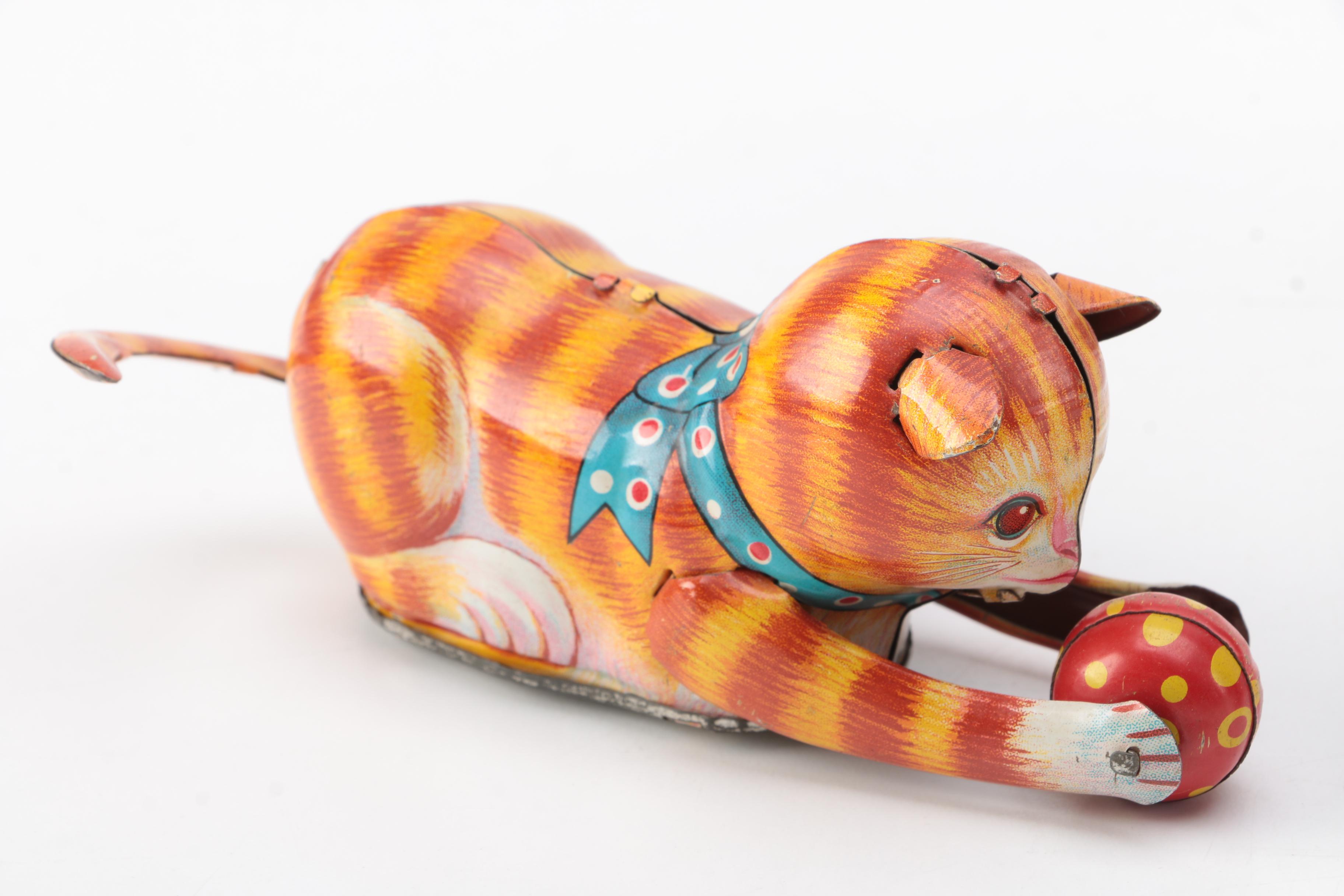 Vintage Colmor Spinning Top and Japanese Wind-Up "Turn Over Cat"