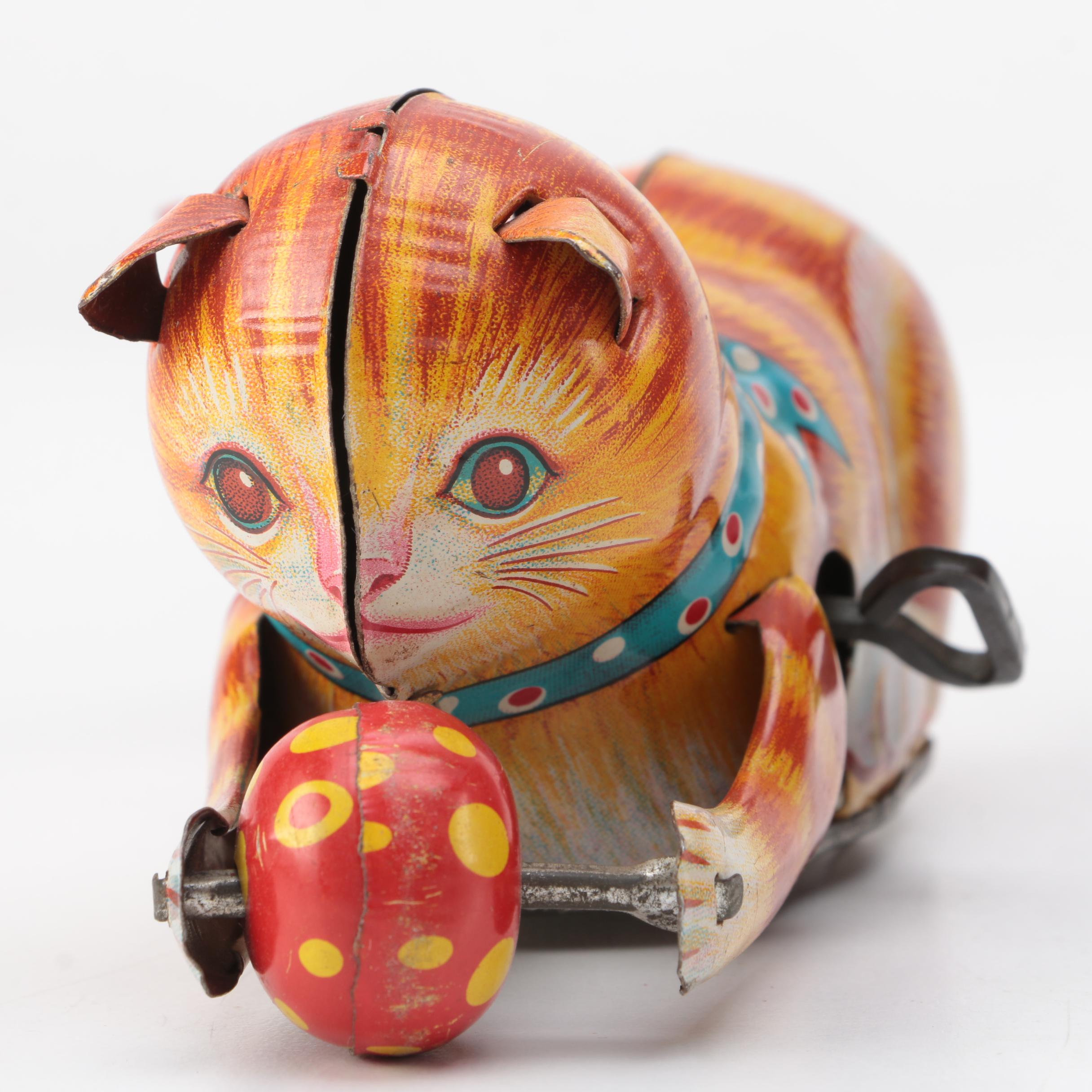 Vintage Colmor Spinning Top and Japanese Wind-Up "Turn Over Cat"