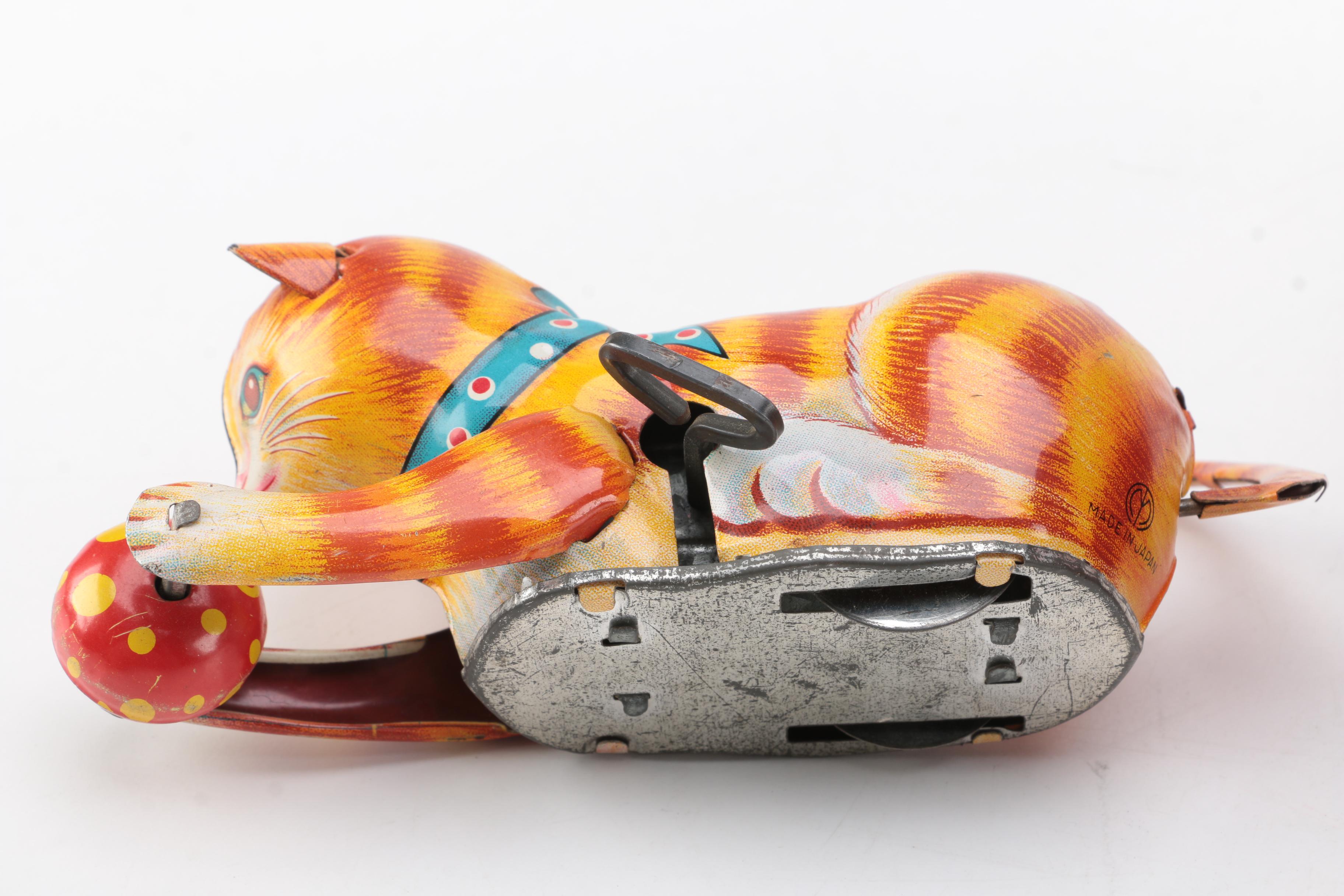 Vintage Colmor Spinning Top and Japanese Wind-Up "Turn Over Cat"