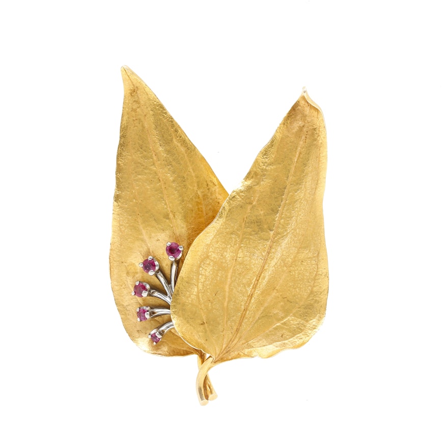 14K Yellow Gold Ruby Leaf Brooch