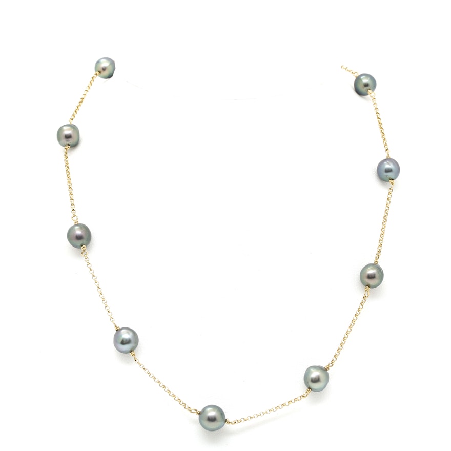 18K Yellow Gold Cultured Pearl Station Necklace