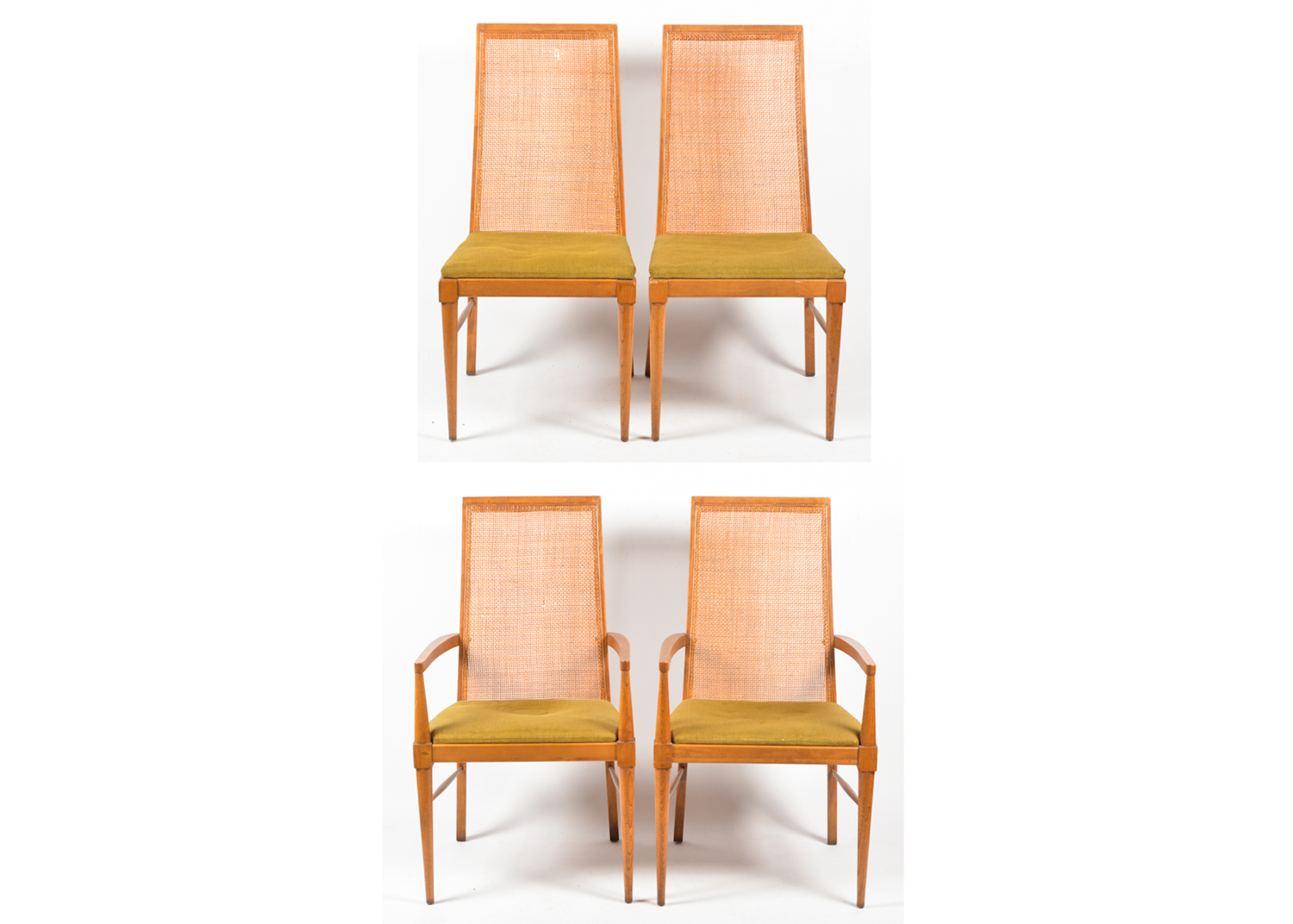 Four Mid Century Modern Cane-Back Walnut Dining Chairs by Lane