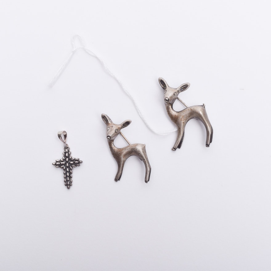 Sterling Silver Deer Pins and Cross