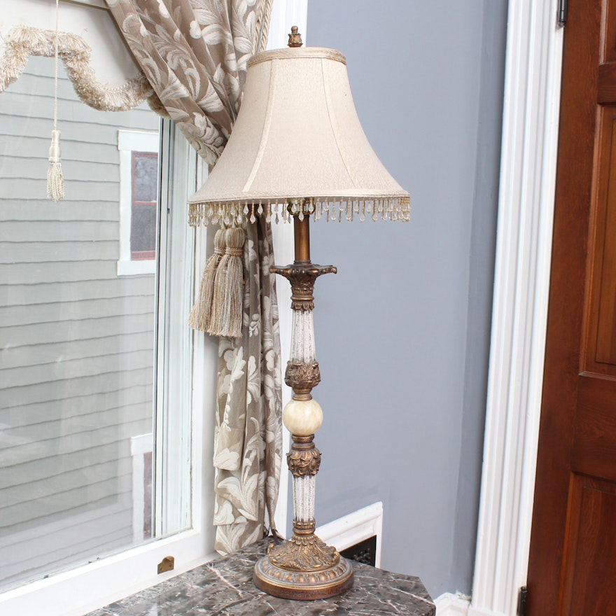 Carved Table Lamp with Stone