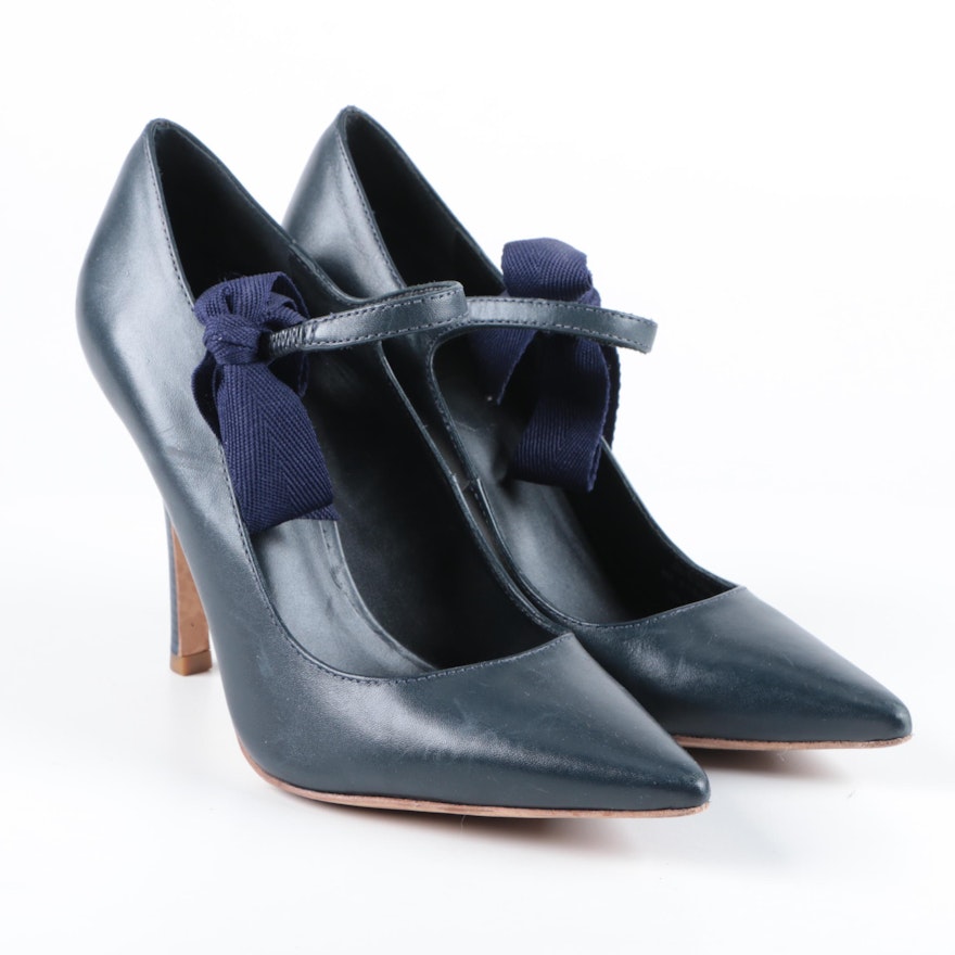 Tory Burch Navy Blue Leather High Heeled Shoes with Bows