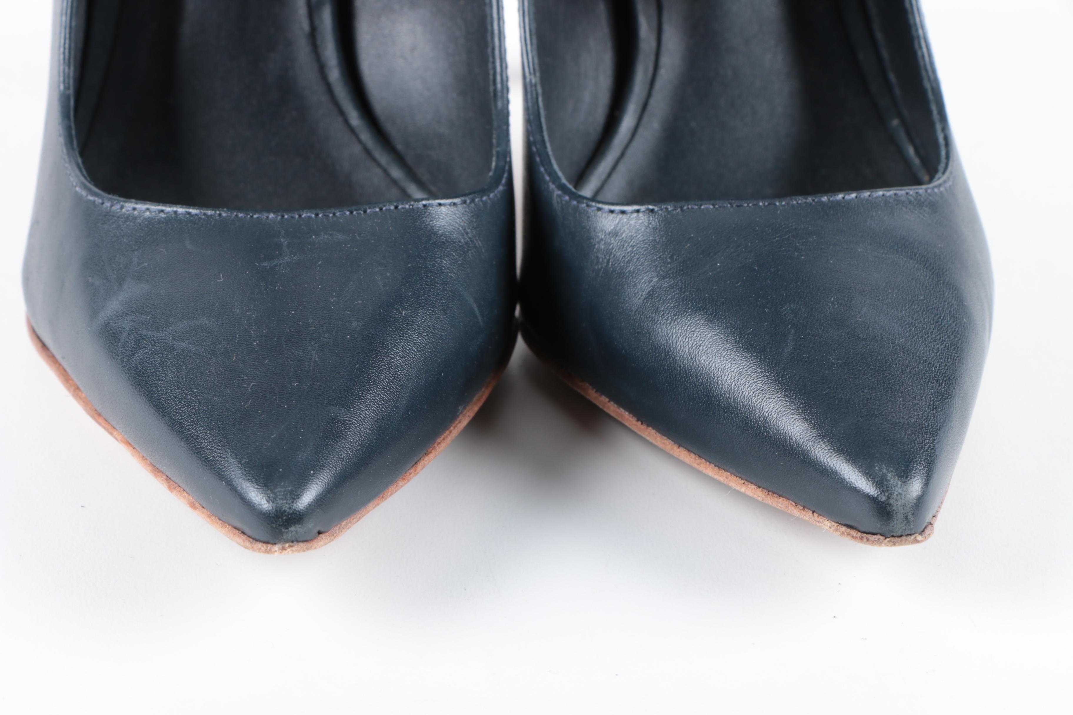 Tory Burch Navy Blue Leather High Heeled Shoes with Bows