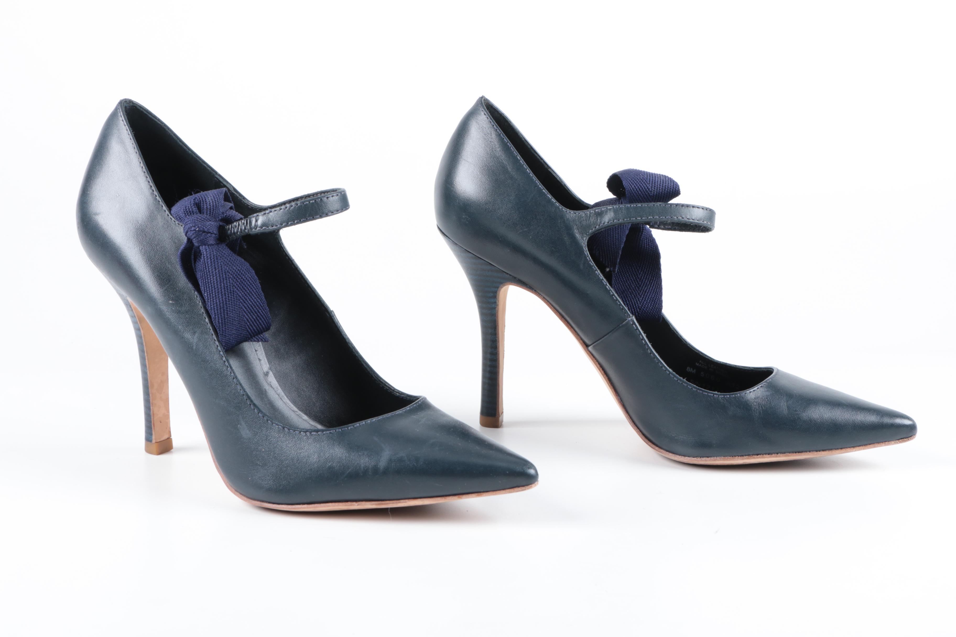 Tory Burch Navy Blue Leather High Heeled Shoes with Bows