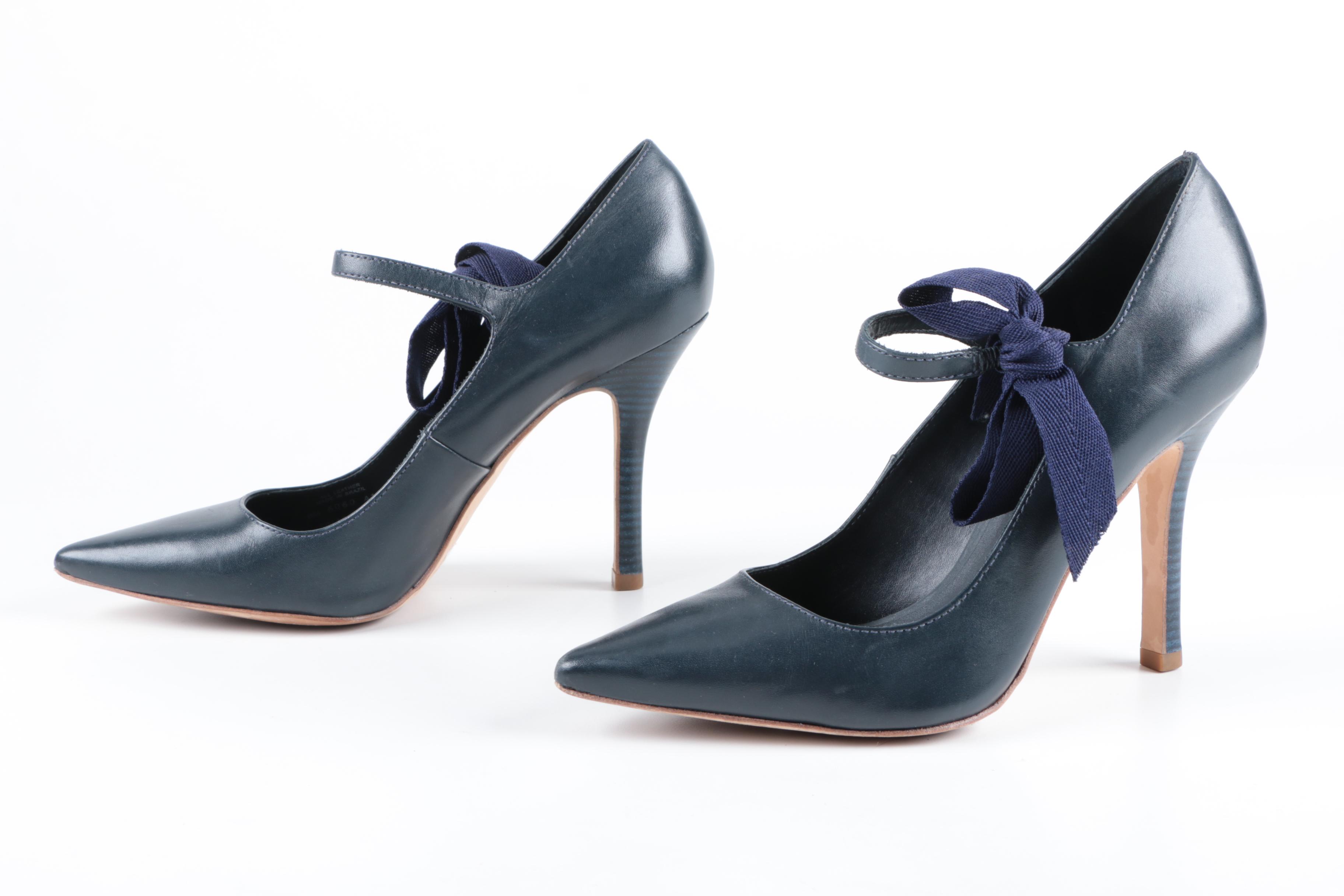 Tory Burch Navy Blue Leather High Heeled Shoes with Bows