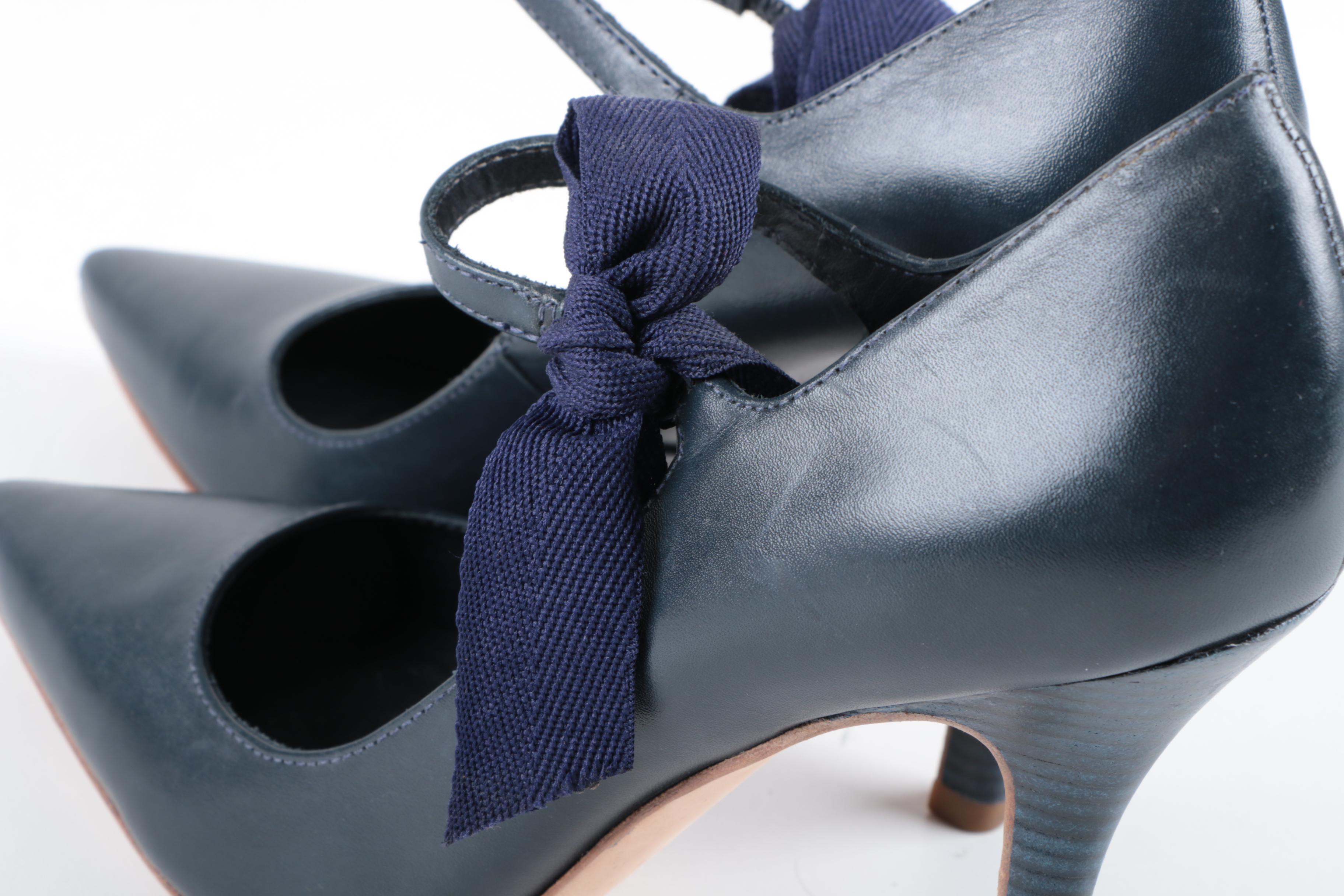 Tory Burch Navy Blue Leather High Heeled Shoes with Bows