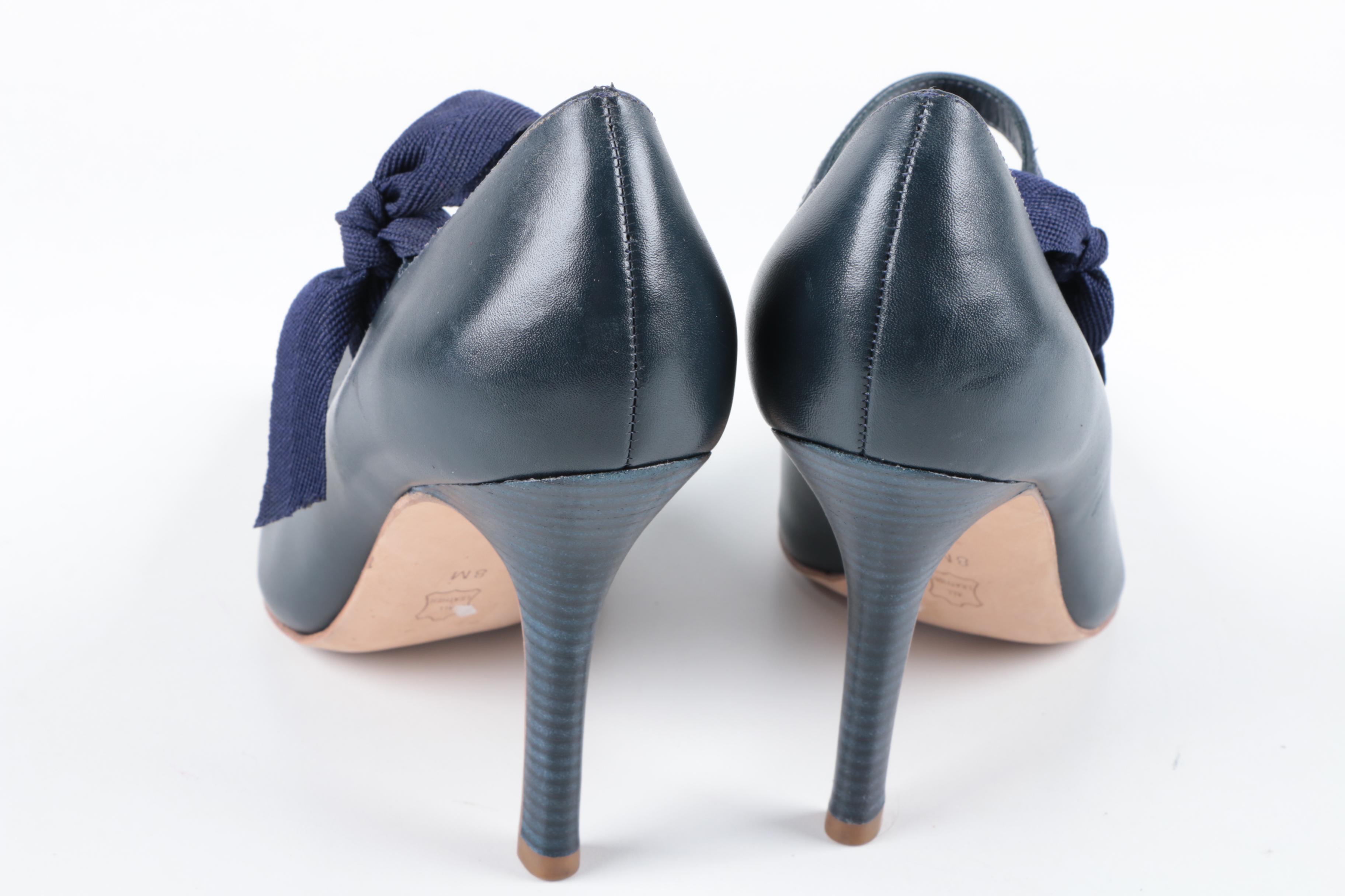 Tory Burch Navy Blue Leather High Heeled Shoes with Bows