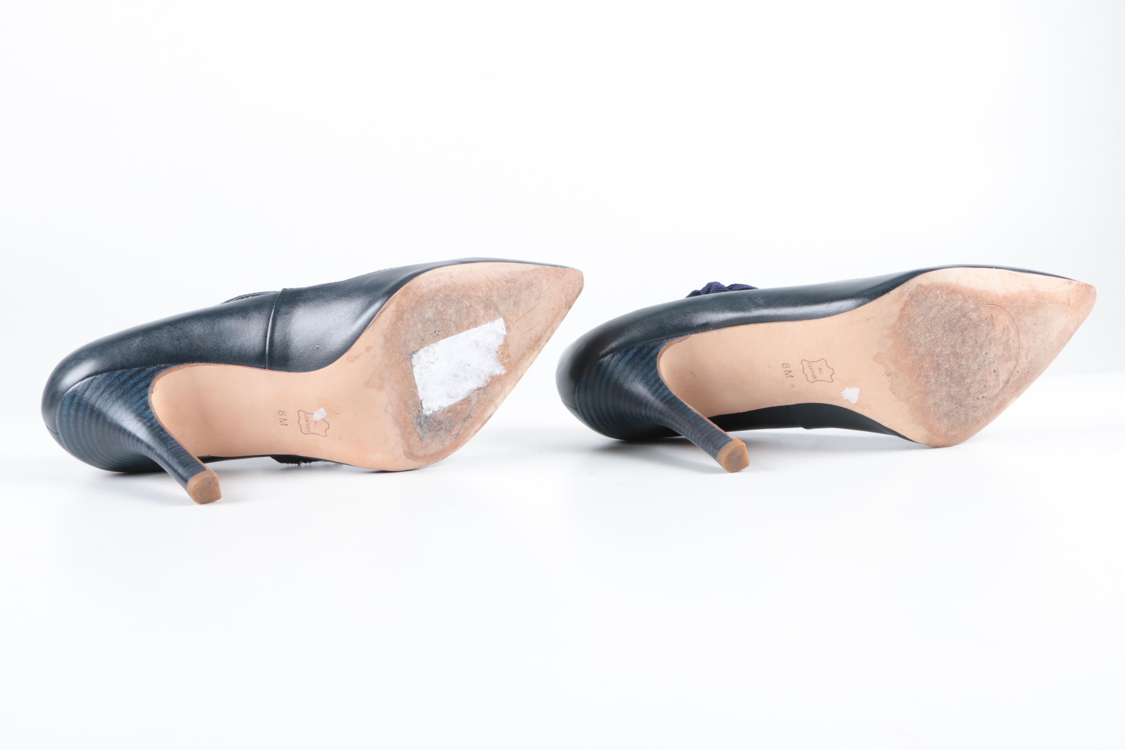 Tory Burch Navy Blue Leather High Heeled Shoes with Bows