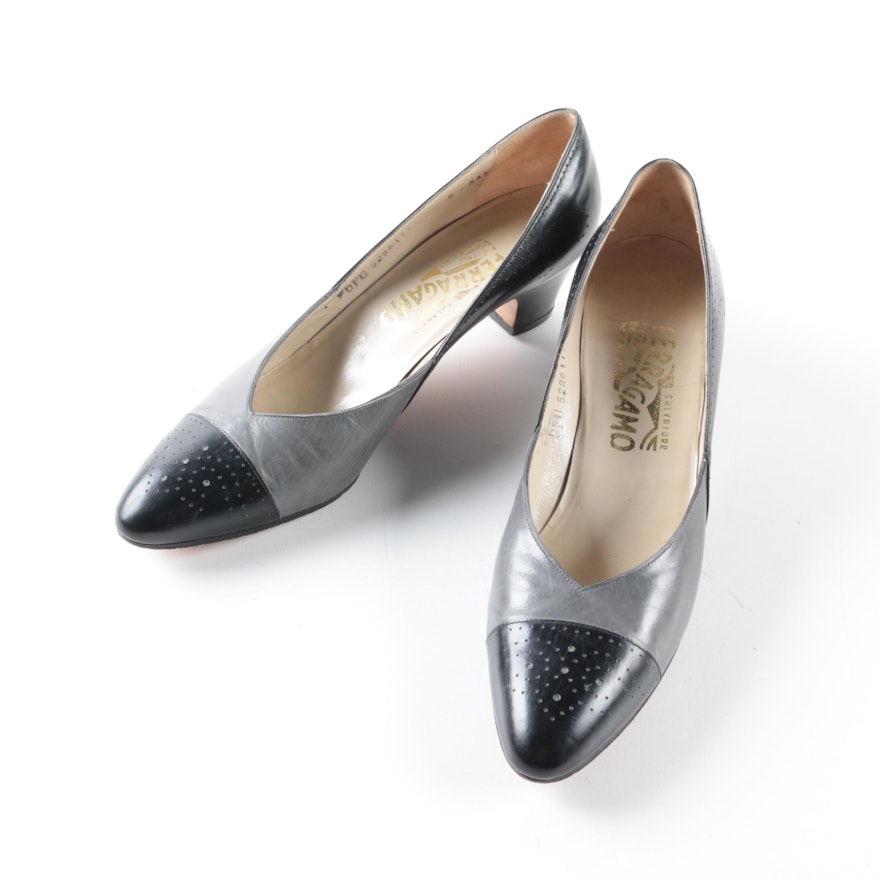 Salvatore Ferragamo Black and Grey Leather Pumps