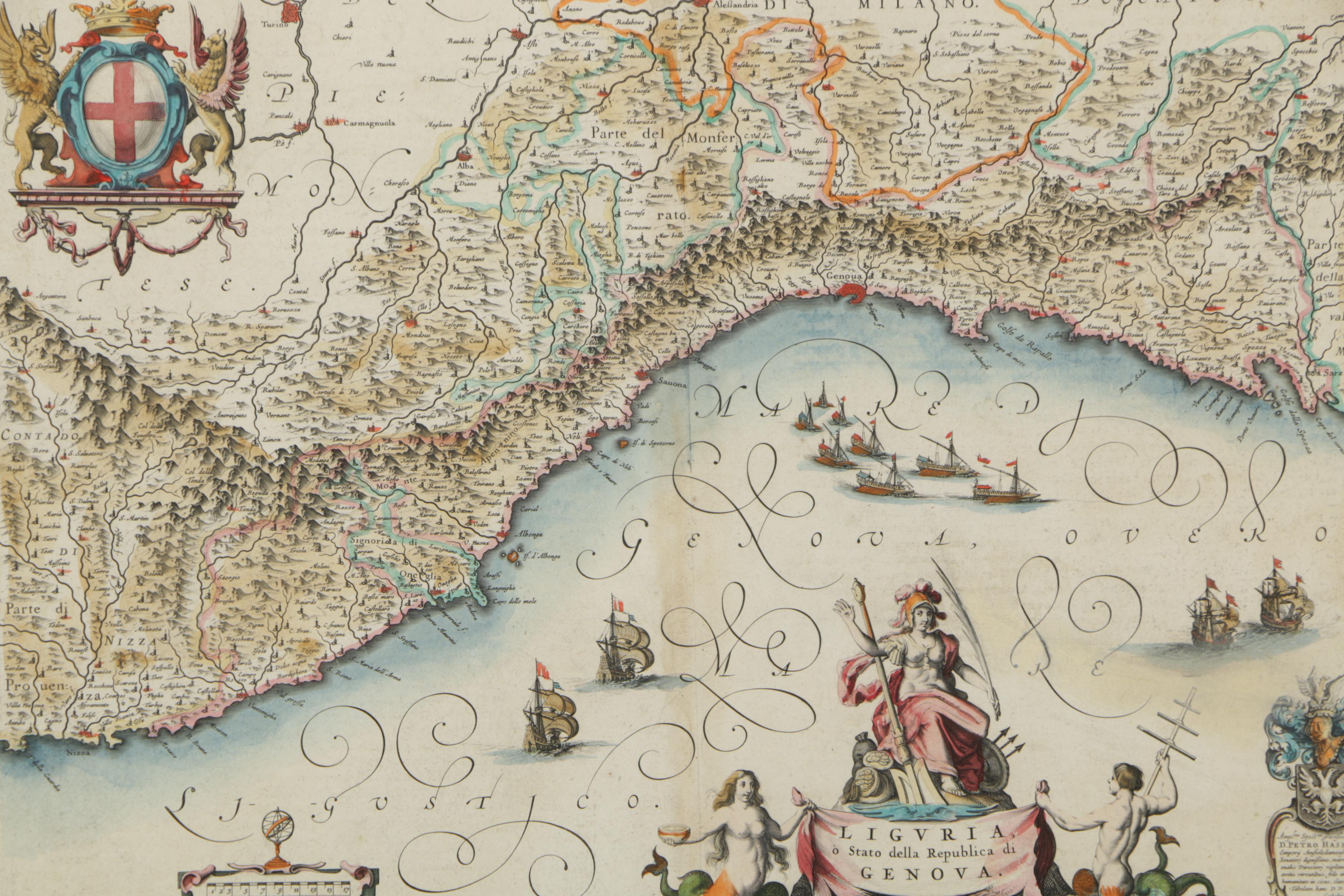 (PRIO)Hand-Colored Engraving After Willem Janszoon Blaeu's Map of Liguria, Italy