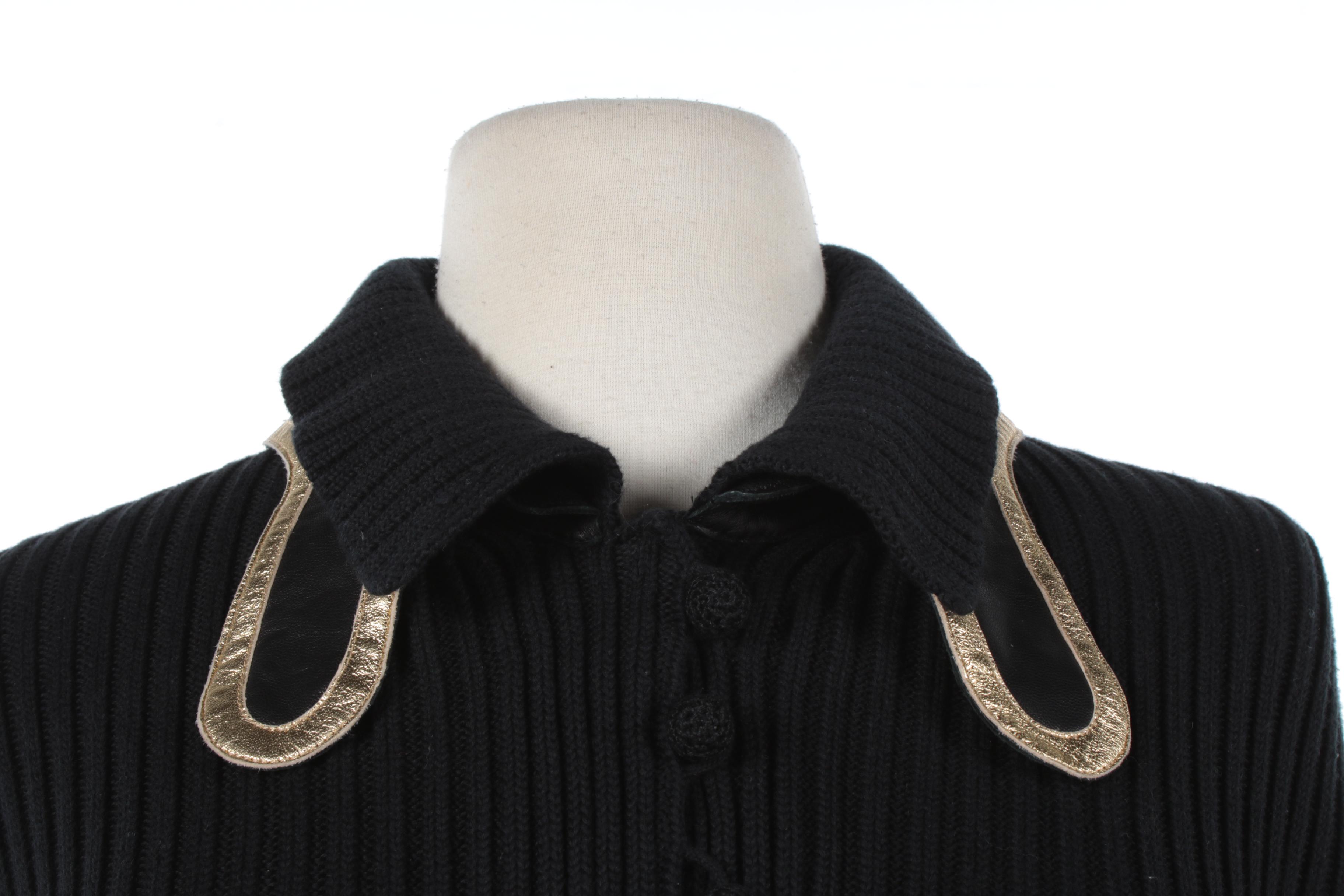 Prada Black Ribbed Knit Cardigan with Black and Metallic Gold Leather Trim