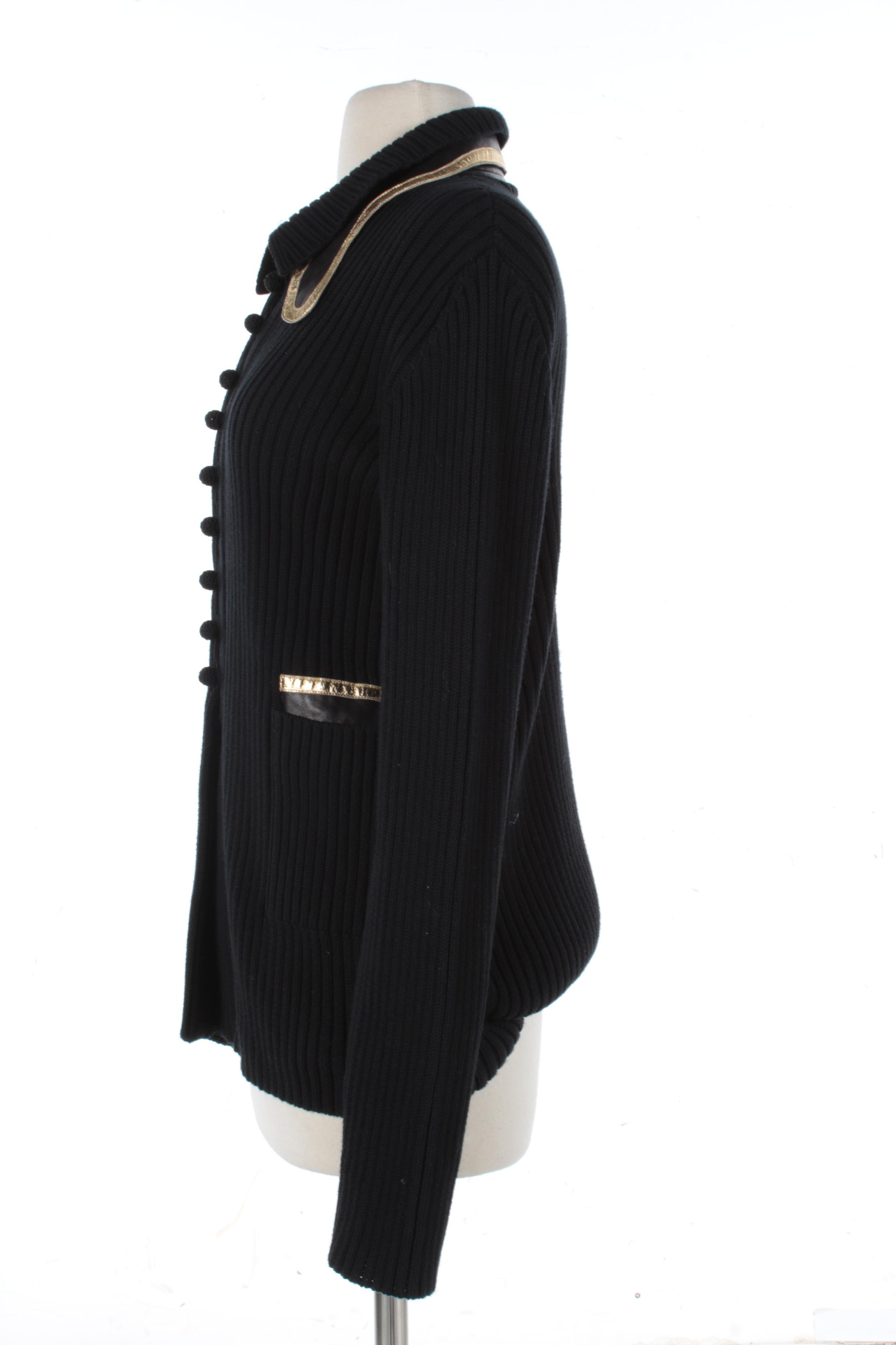 Prada Black Ribbed Knit Cardigan with Black and Metallic Gold Leather Trim