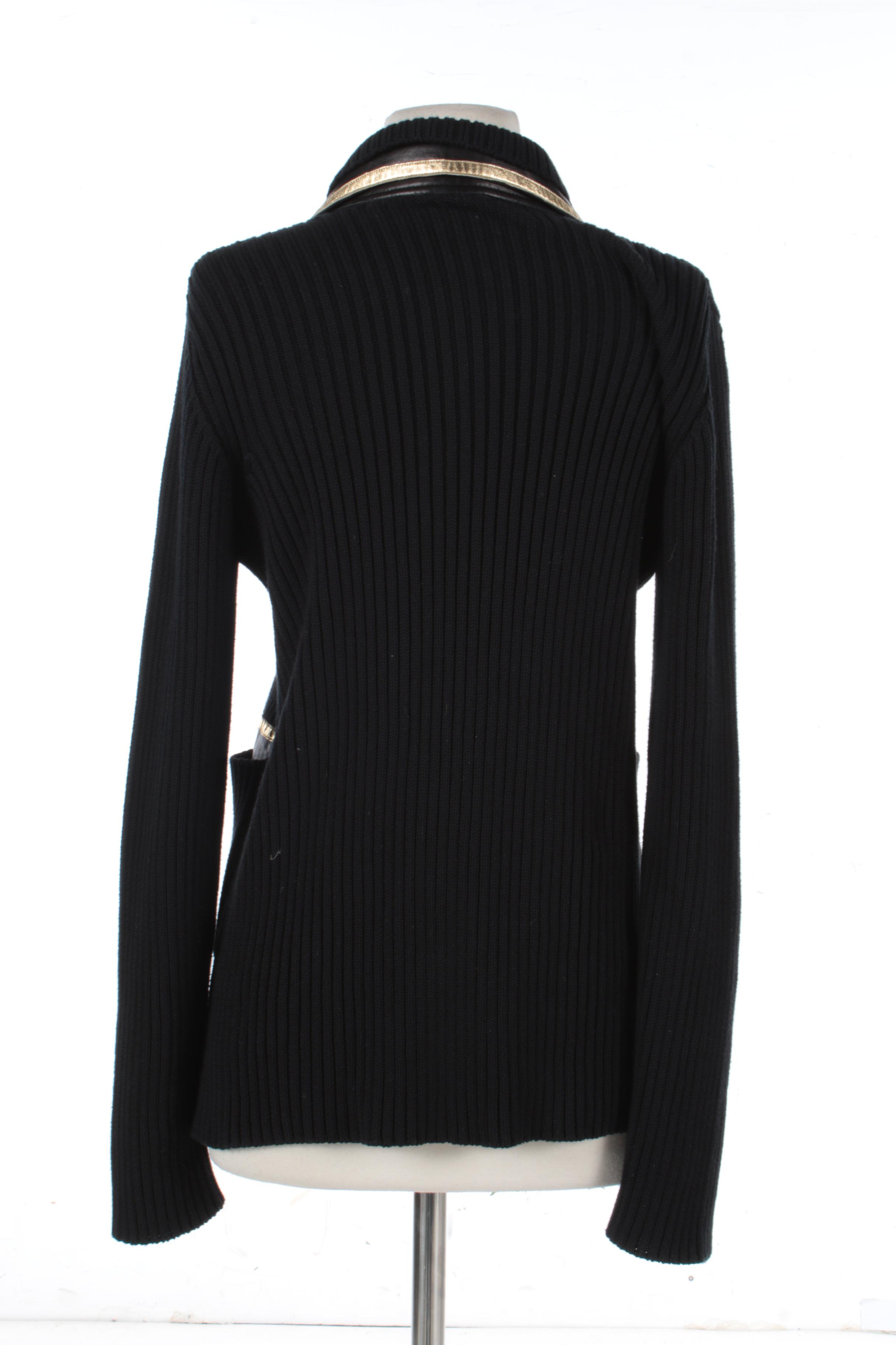 Prada Black Ribbed Knit Cardigan with Black and Metallic Gold Leather Trim
