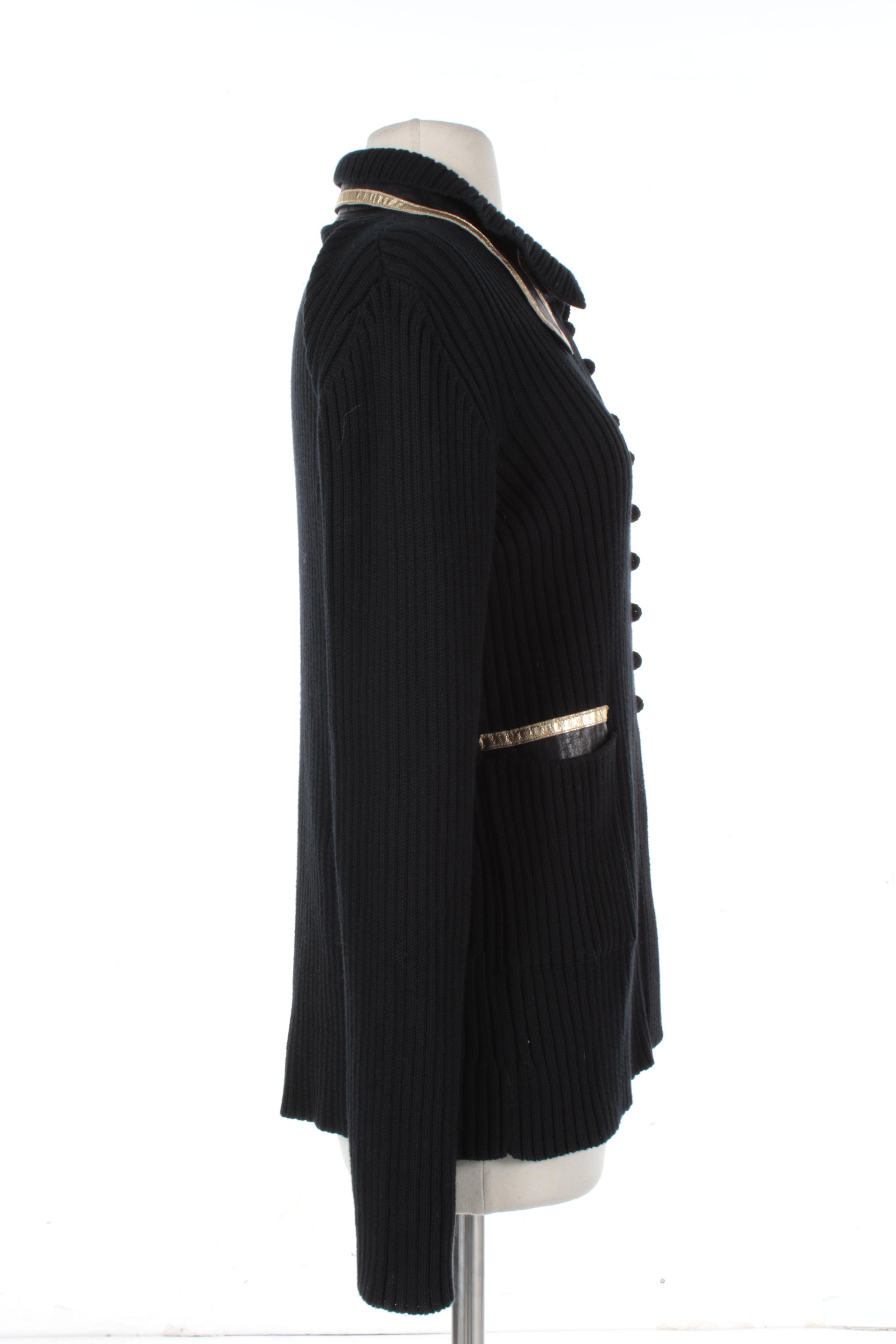 Prada Black Ribbed Knit Cardigan with Black and Metallic Gold Leather Trim