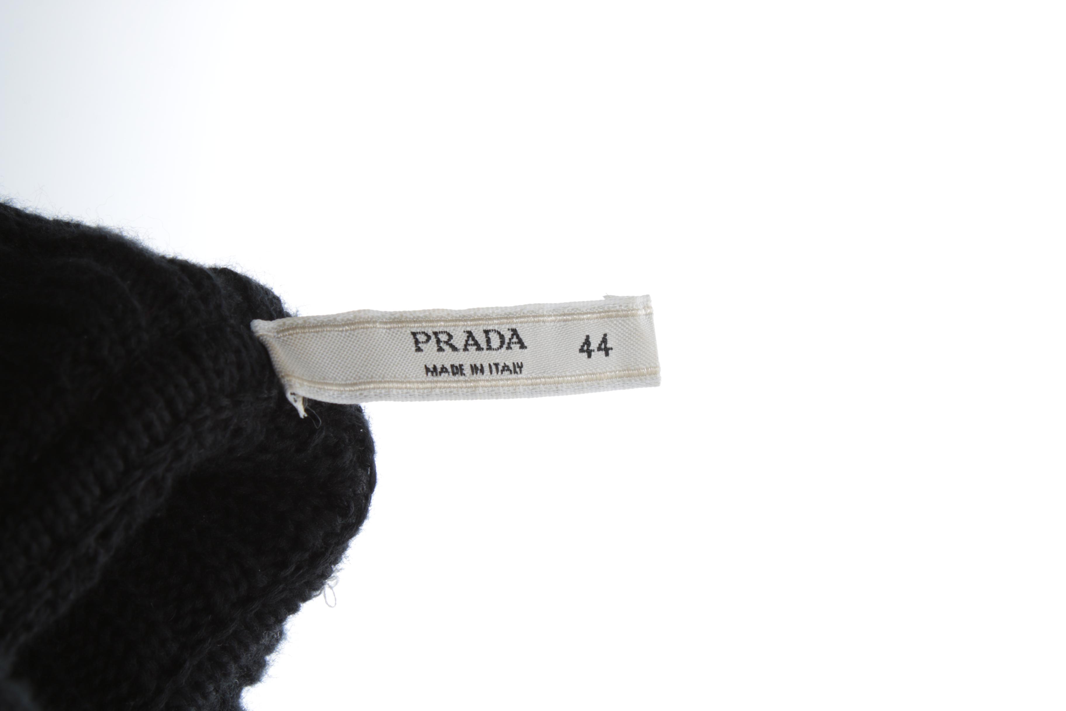 Prada Black Ribbed Knit Cardigan with Black and Metallic Gold Leather Trim