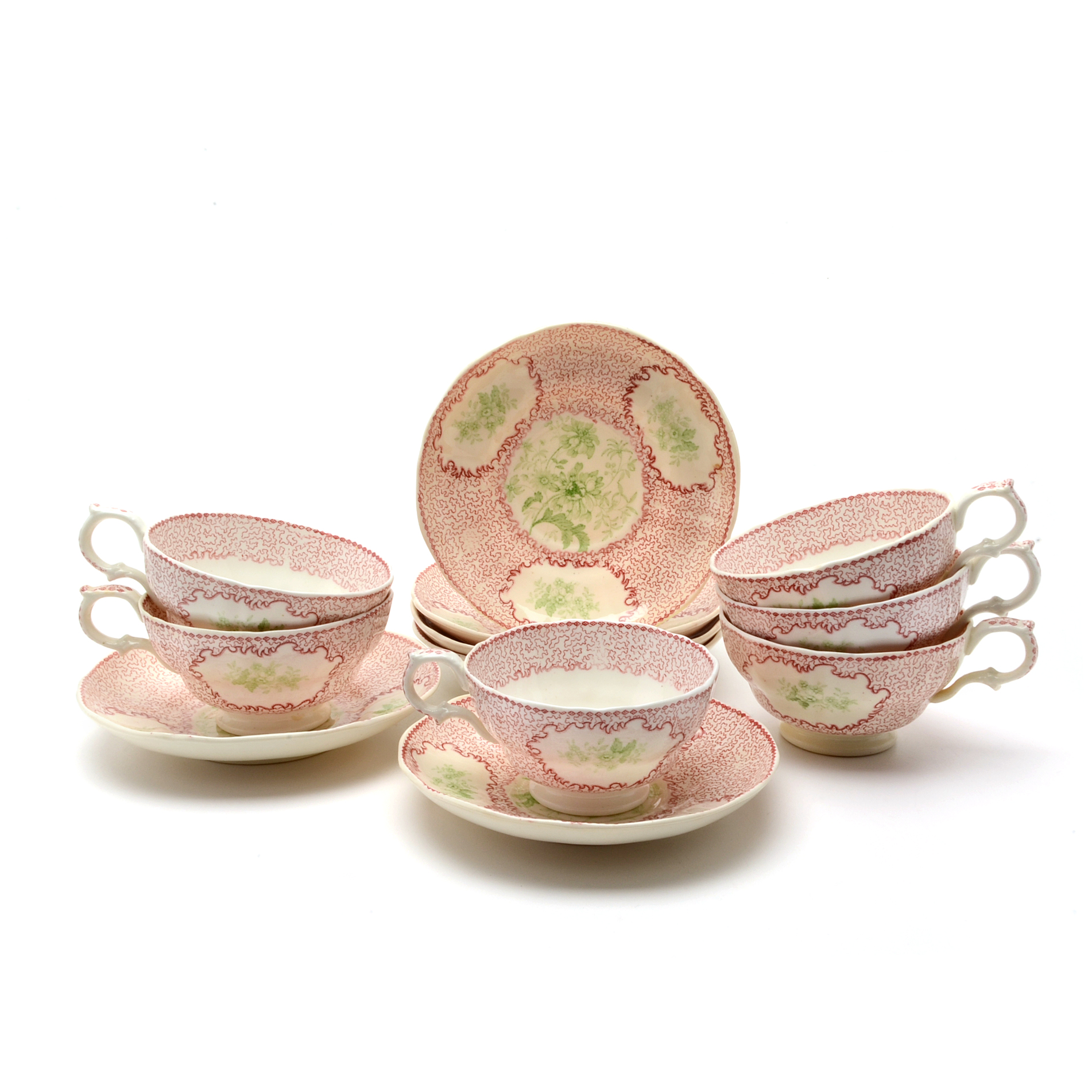 Antique Bi-Color Staffordshire Transferware Tea Cups and Saucers