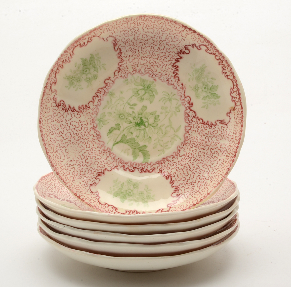 Antique Bi-Color Staffordshire Transferware Tea Cups and Saucers