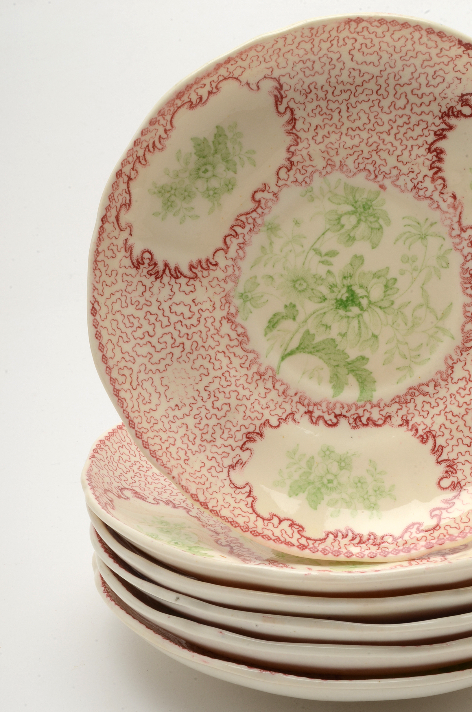 Antique Bi-Color Staffordshire Transferware Tea Cups and Saucers