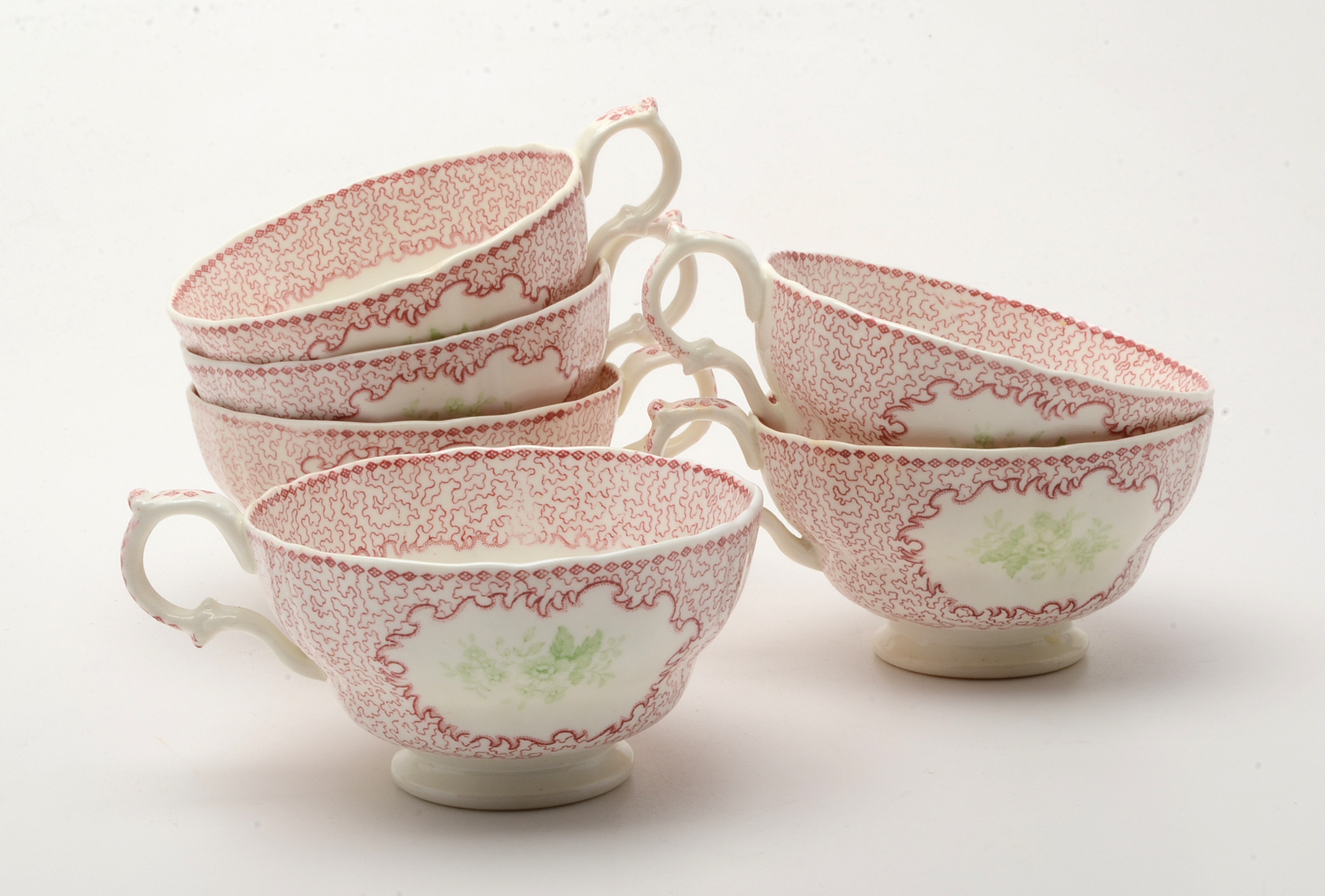 Antique Bi-Color Staffordshire Transferware Tea Cups and Saucers