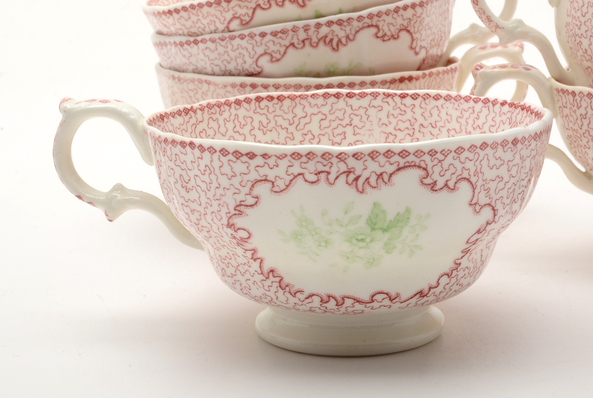 Antique Bi-Color Staffordshire Transferware Tea Cups and Saucers