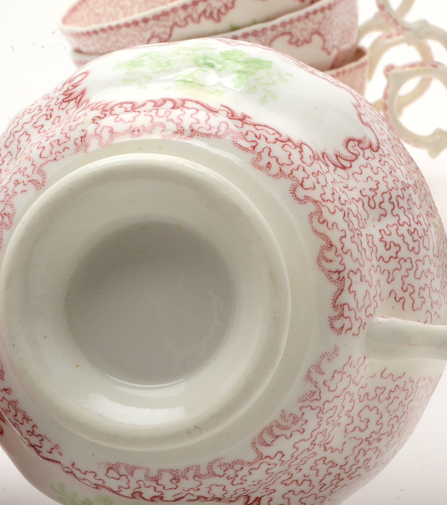 Antique Bi-Color Staffordshire Transferware Tea Cups and Saucers