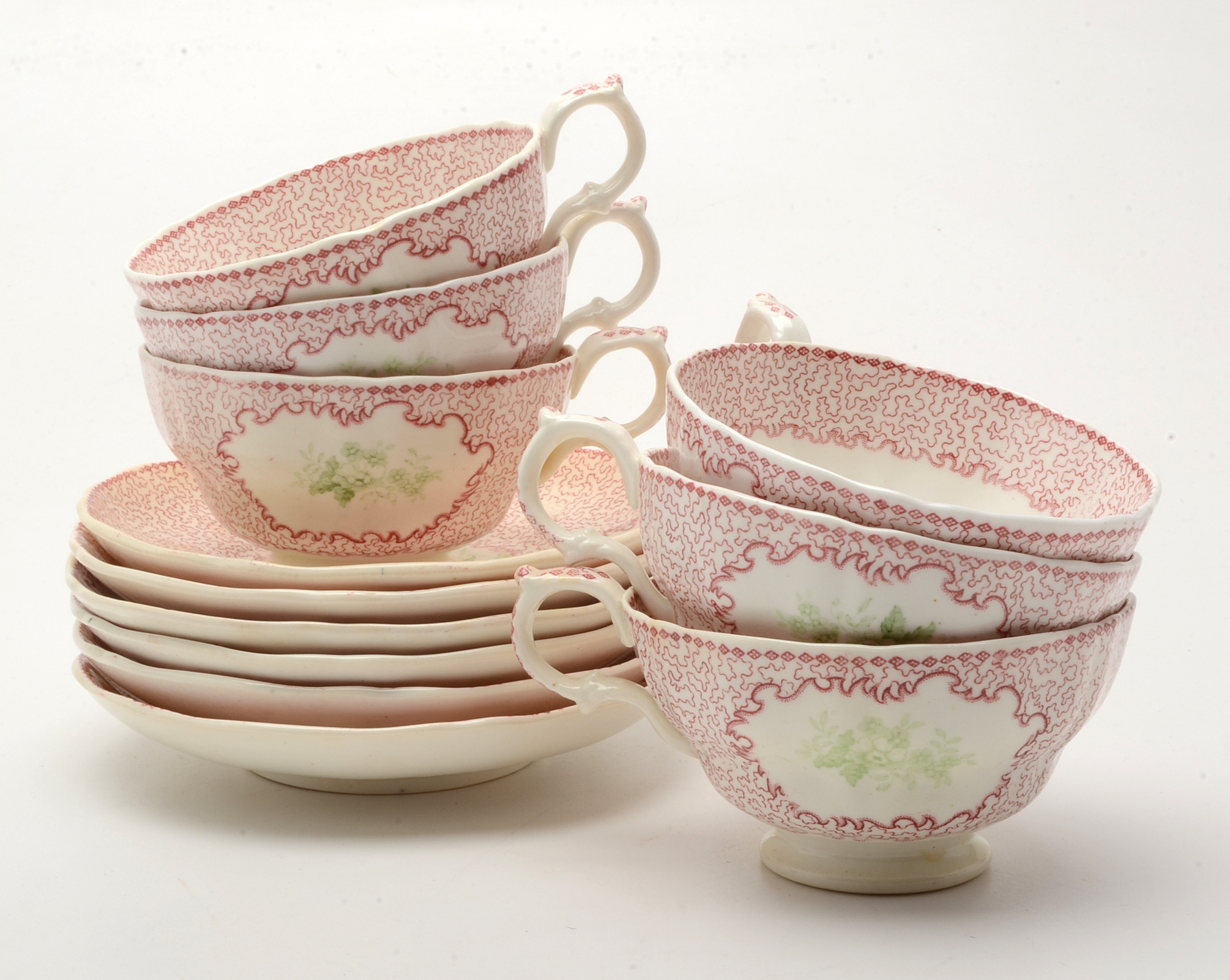 Antique Bi-Color Staffordshire Transferware Tea Cups and Saucers