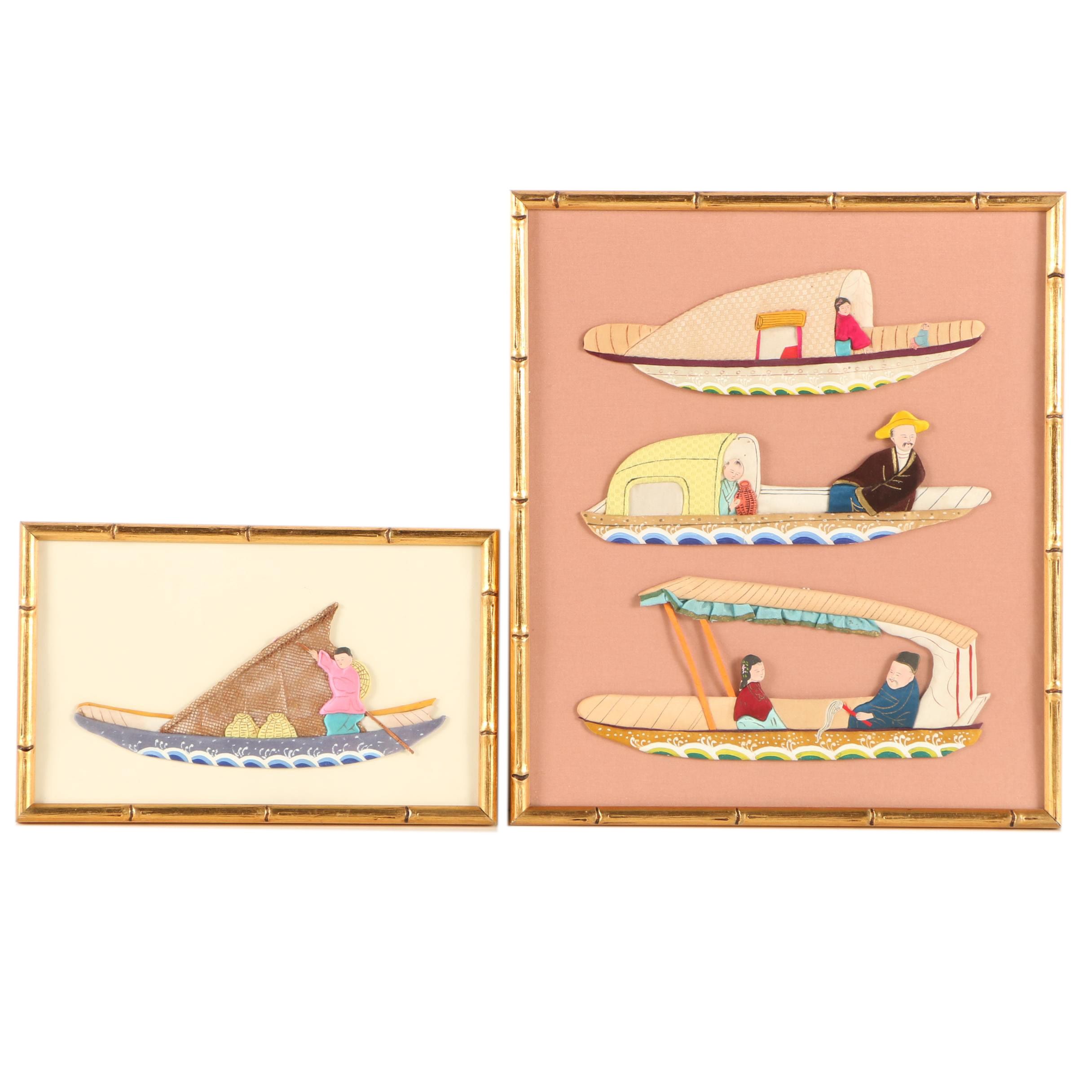 Chinese Hand-Painted Silk Boats