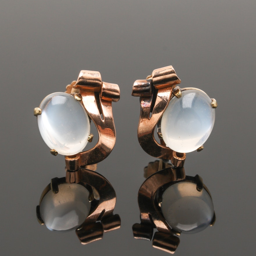 Retro 14K Rose and Yellow Gold Moonstone Earrings